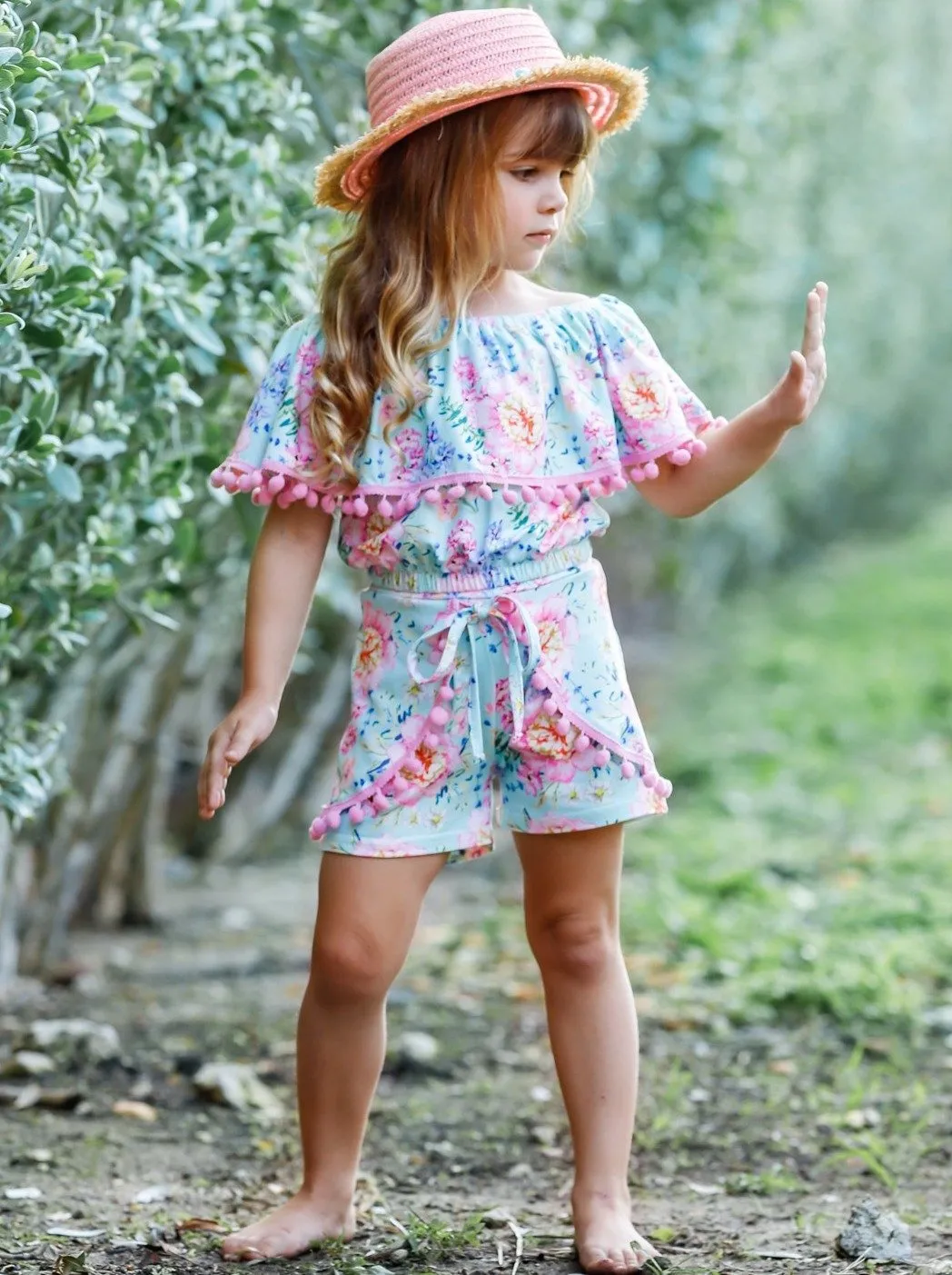 Girl Pom Pom Ruffle Top and Overlay Front Tie Shorts Set