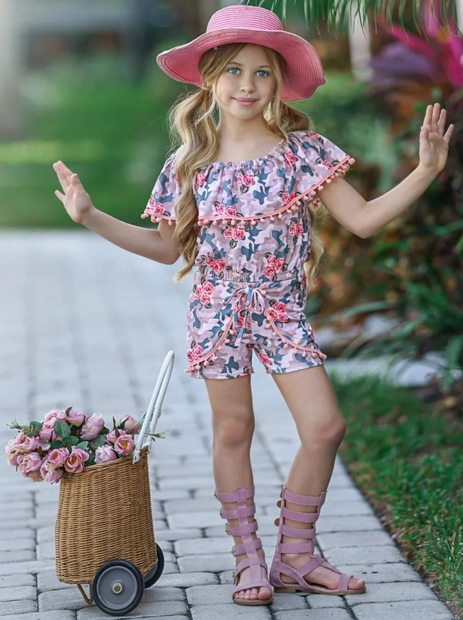 Girl Pom Pom Ruffle Top and Overlay Front Tie Shorts Set