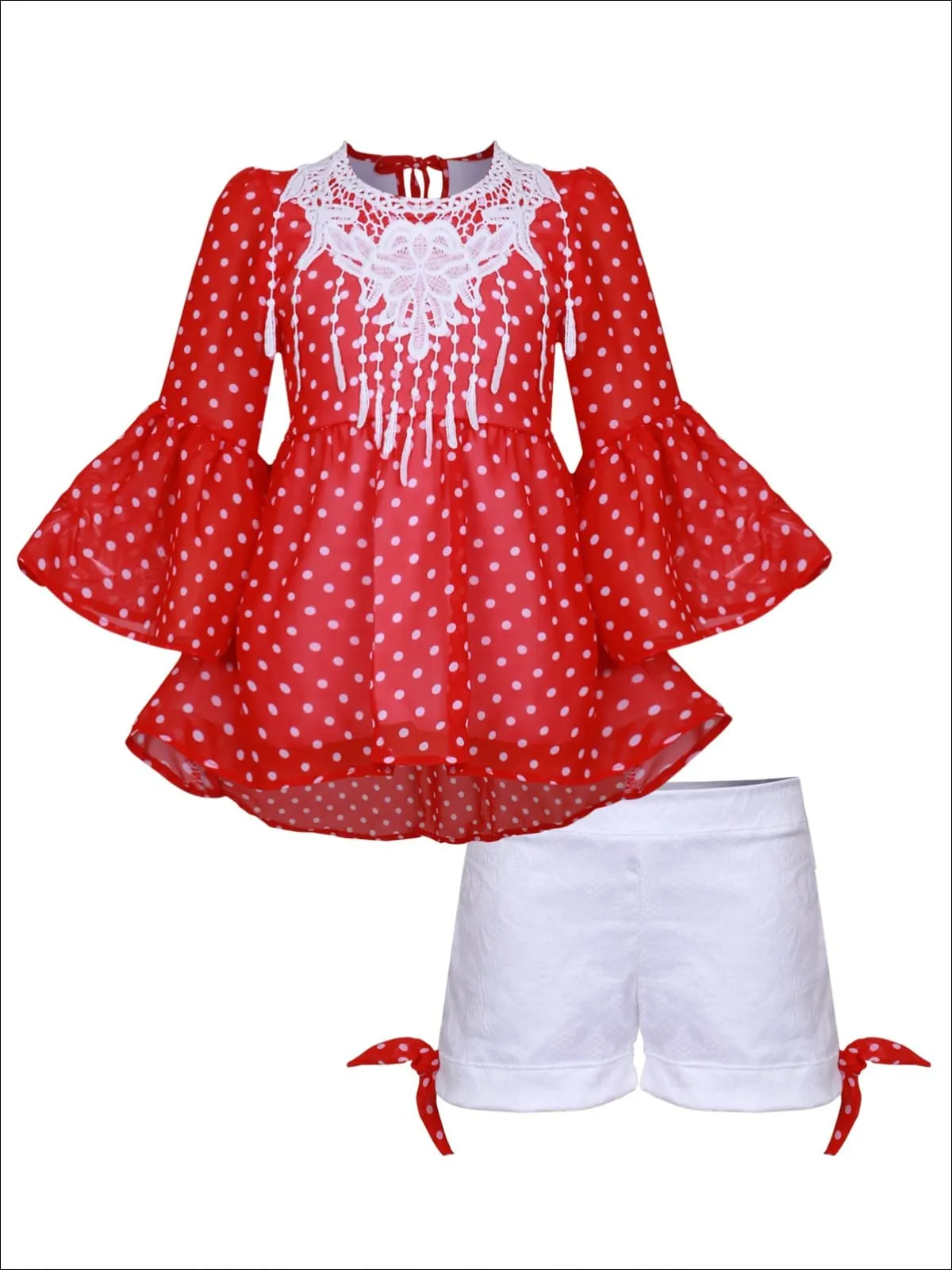 Girls Crochet Fringe Bib Boho Sleeve Tunic And Cuffed Bow Short Set