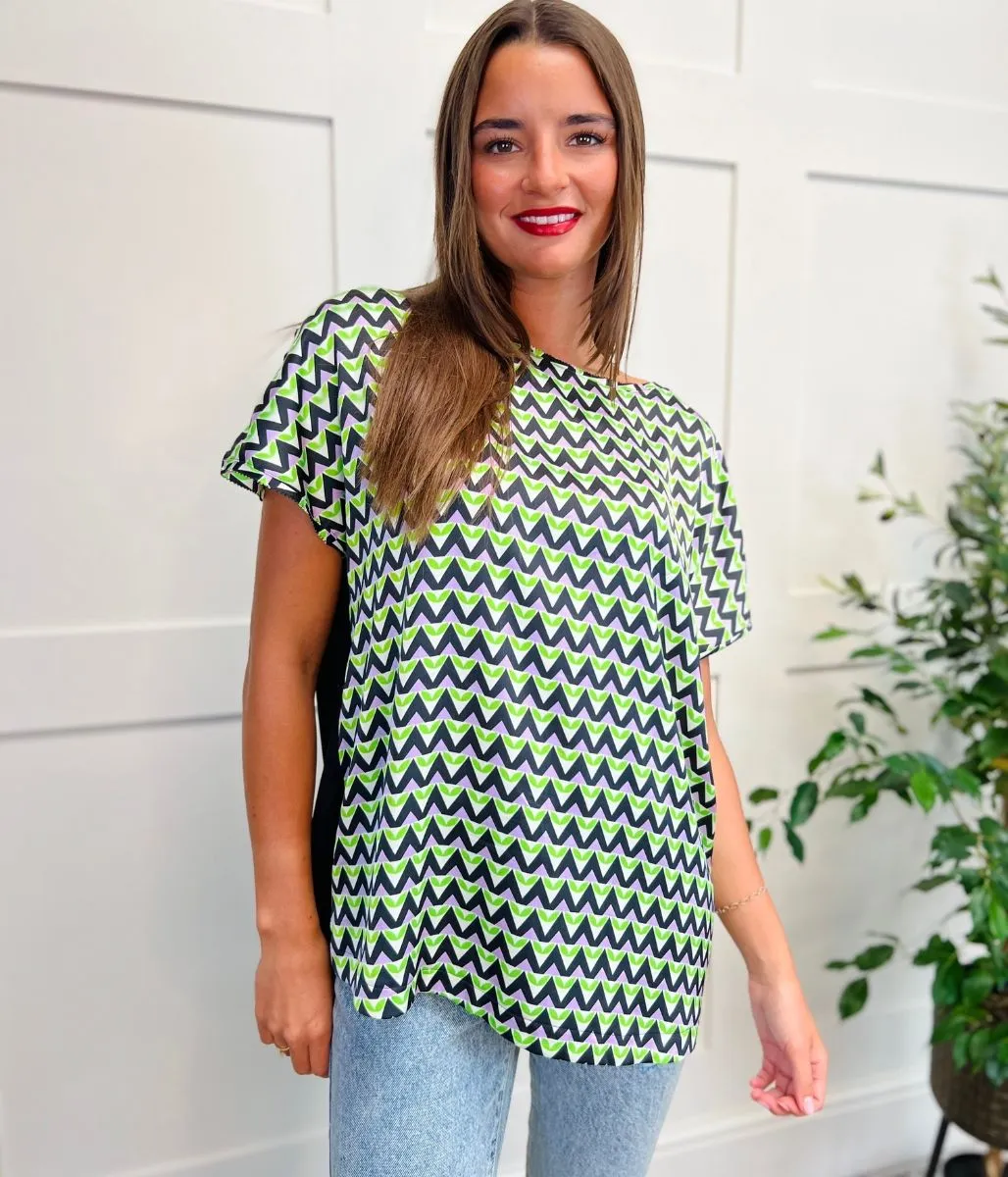 Green Geo Satin Front Top