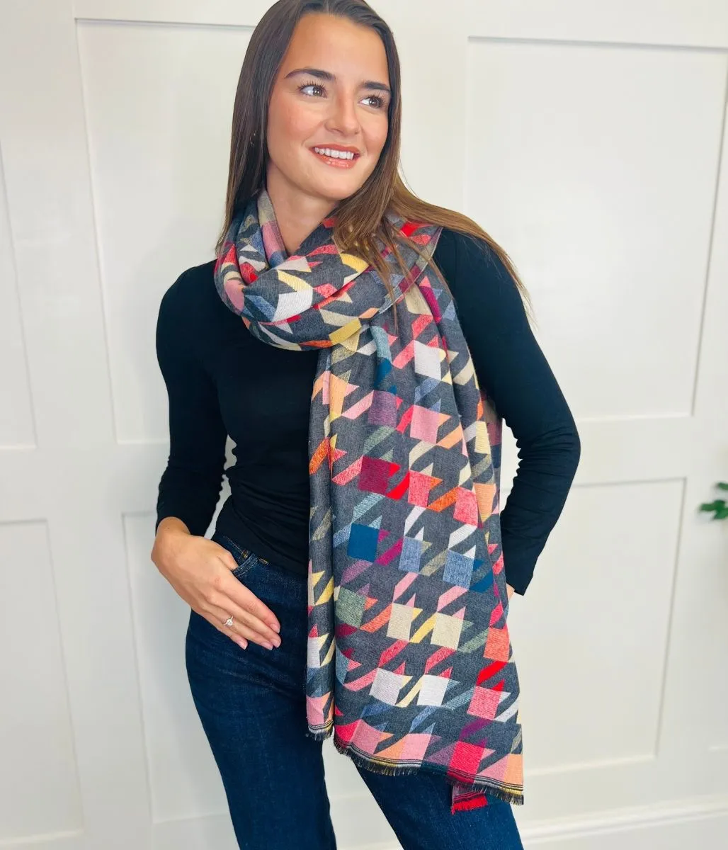 Grey Houndstooth Print Cotton Scarf