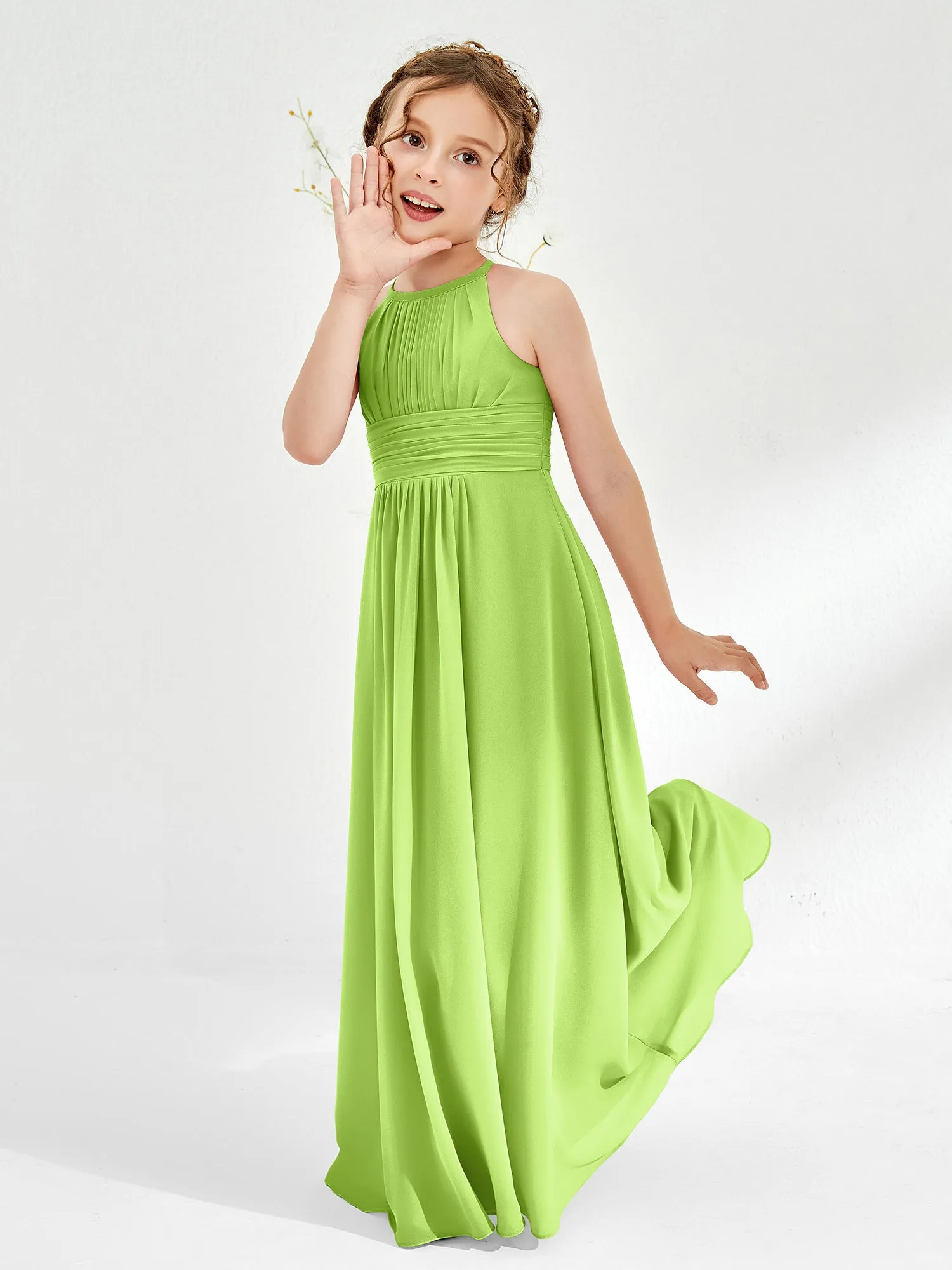 Halter Chiffon Junior Bridesmaid Dresses Lime Green