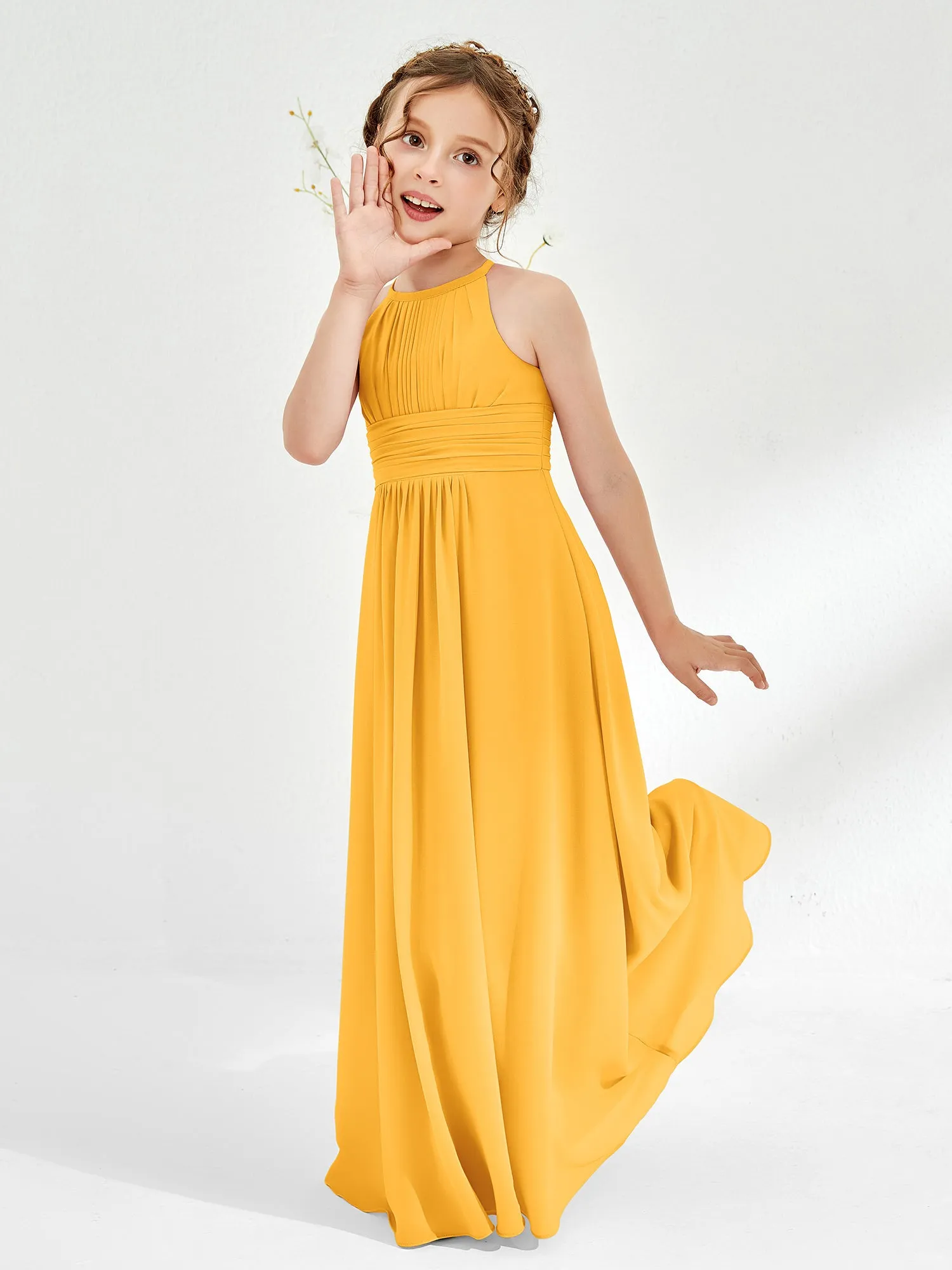 Halter Chiffon Junior Bridesmaid Dresses Tangerine