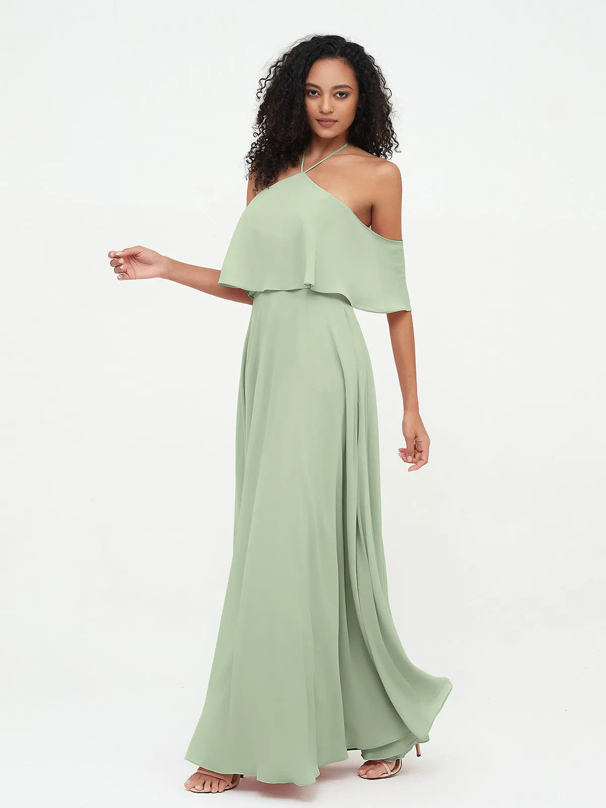 Halter Off the Shoulder Max Dresses with Pockets-Dusty Sage Plus Size