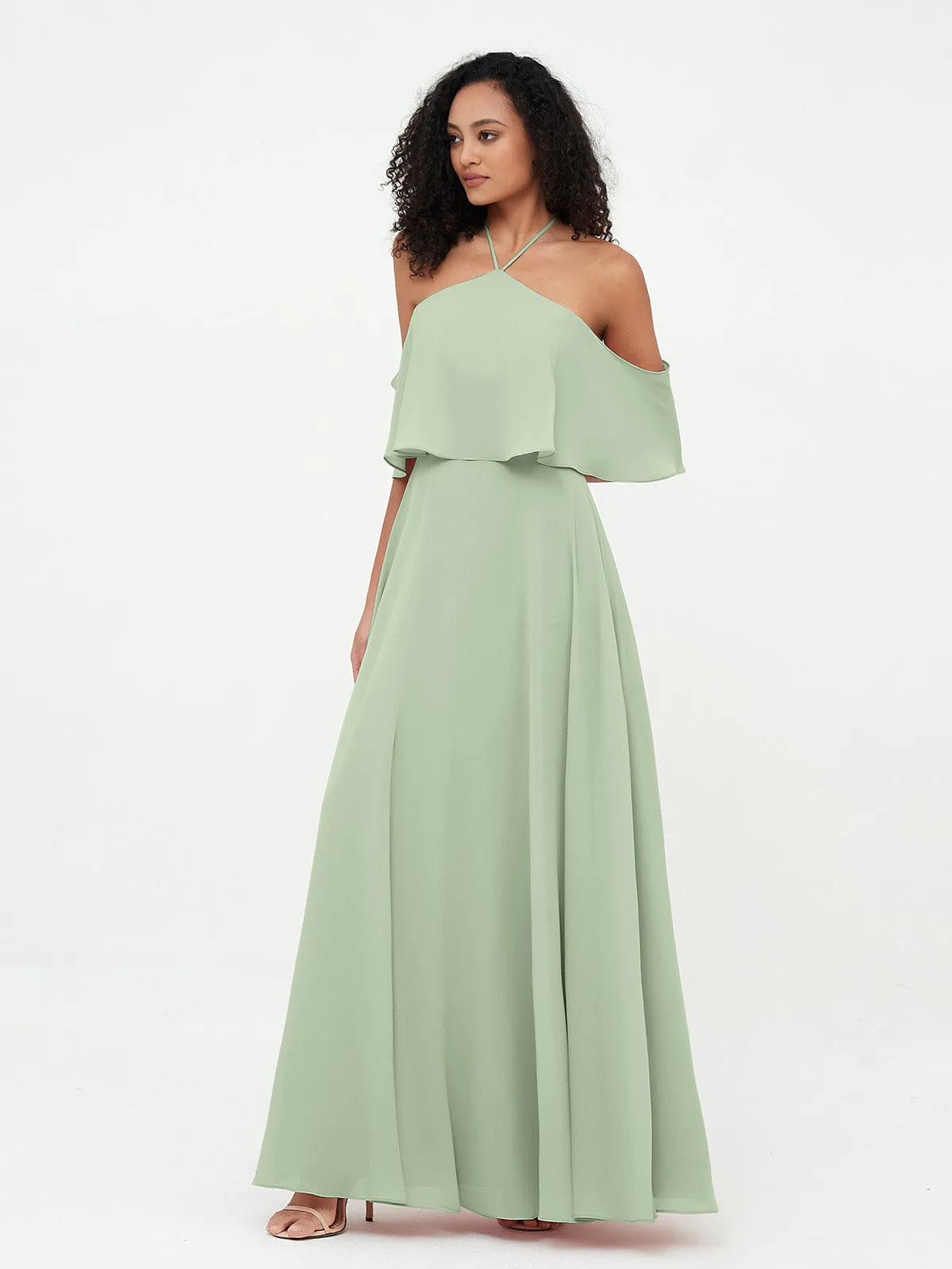 Halter Off the Shoulder Max Dresses with Pockets-Dusty Sage Plus Size