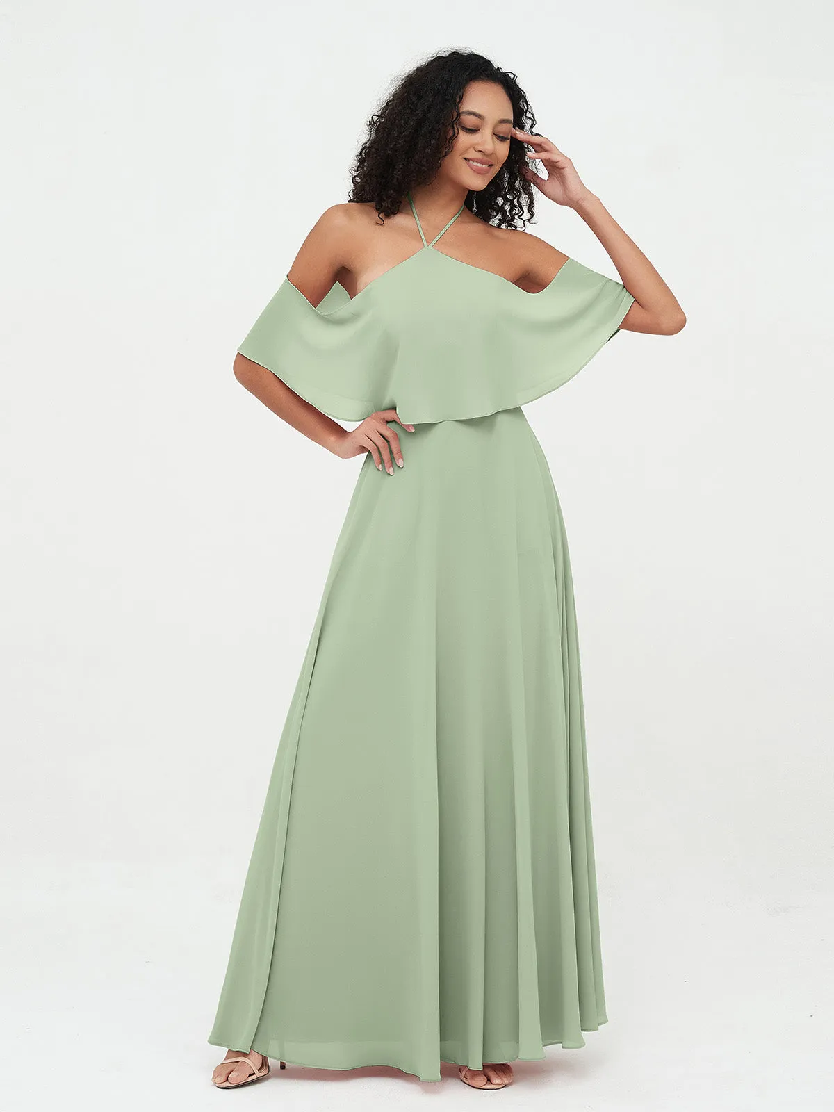 Halter Off the Shoulder Max Dresses with Pockets-Dusty Sage Plus Size