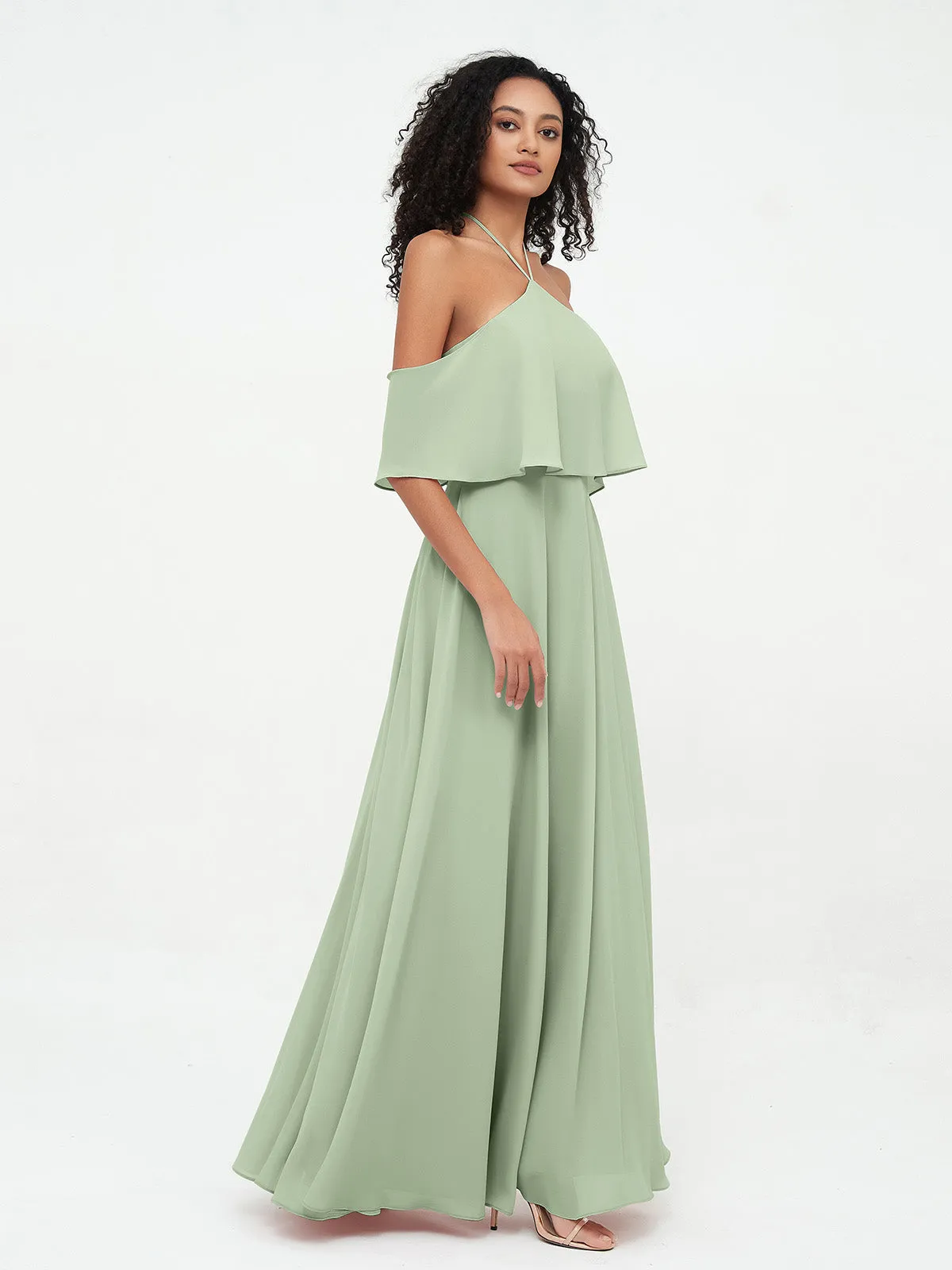 Halter Off the Shoulder Max Dresses with Pockets-Dusty Sage Plus Size