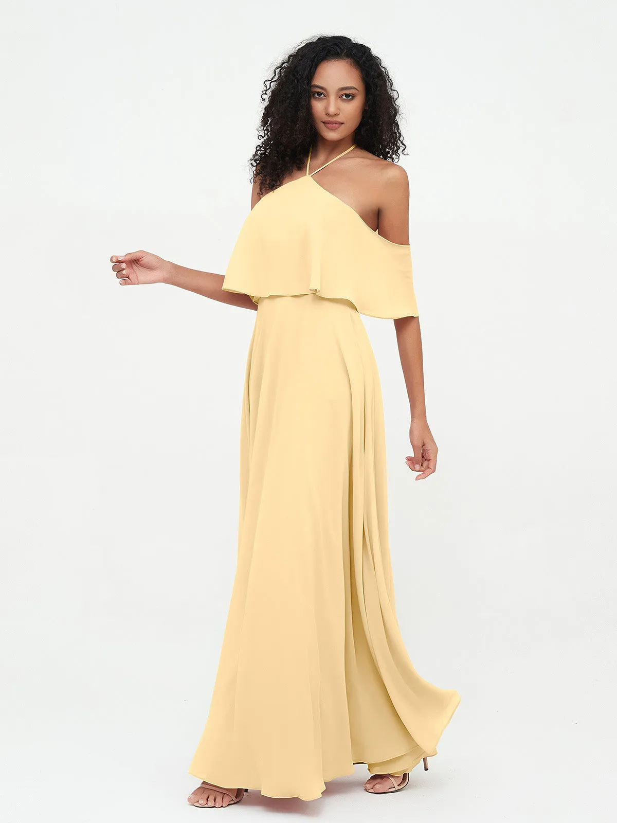 Halter Off the Shoulder Max Dresses with Pockets-Gold Plus Size