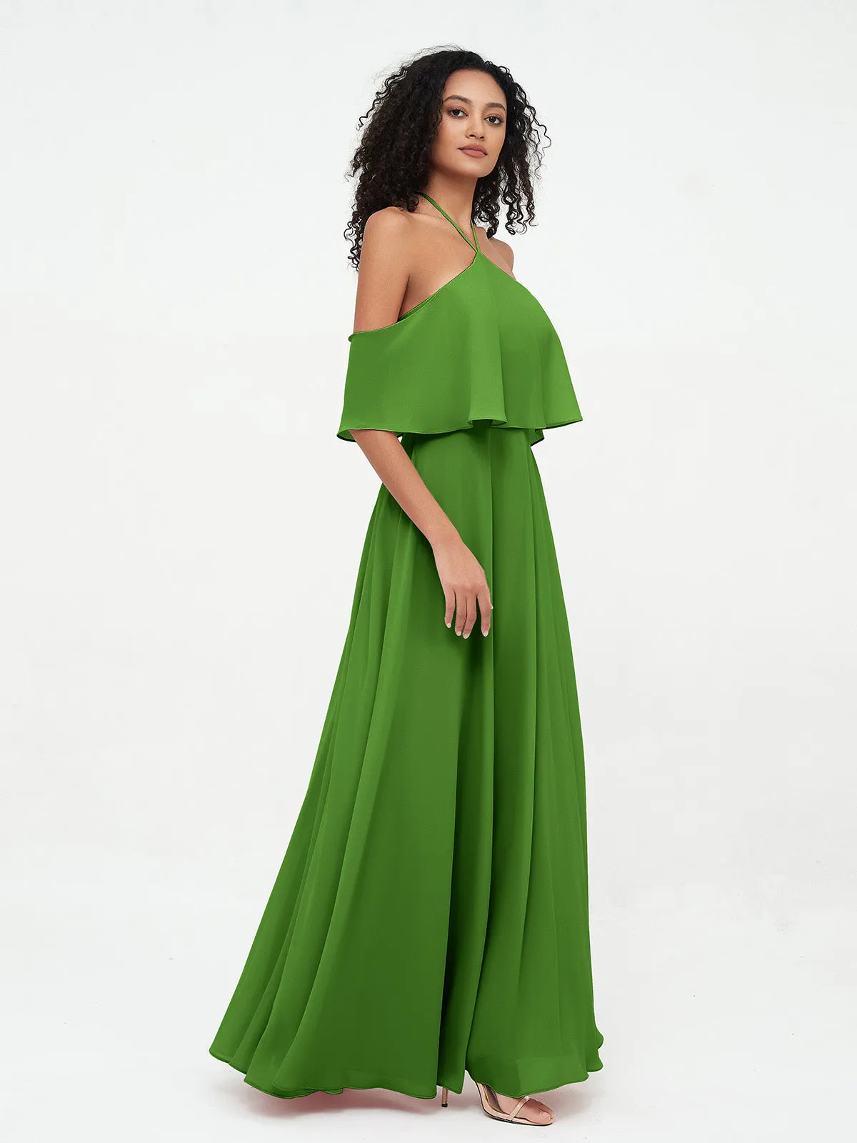 Halter Off the Shoulder Max Dresses with Pockets-Moss