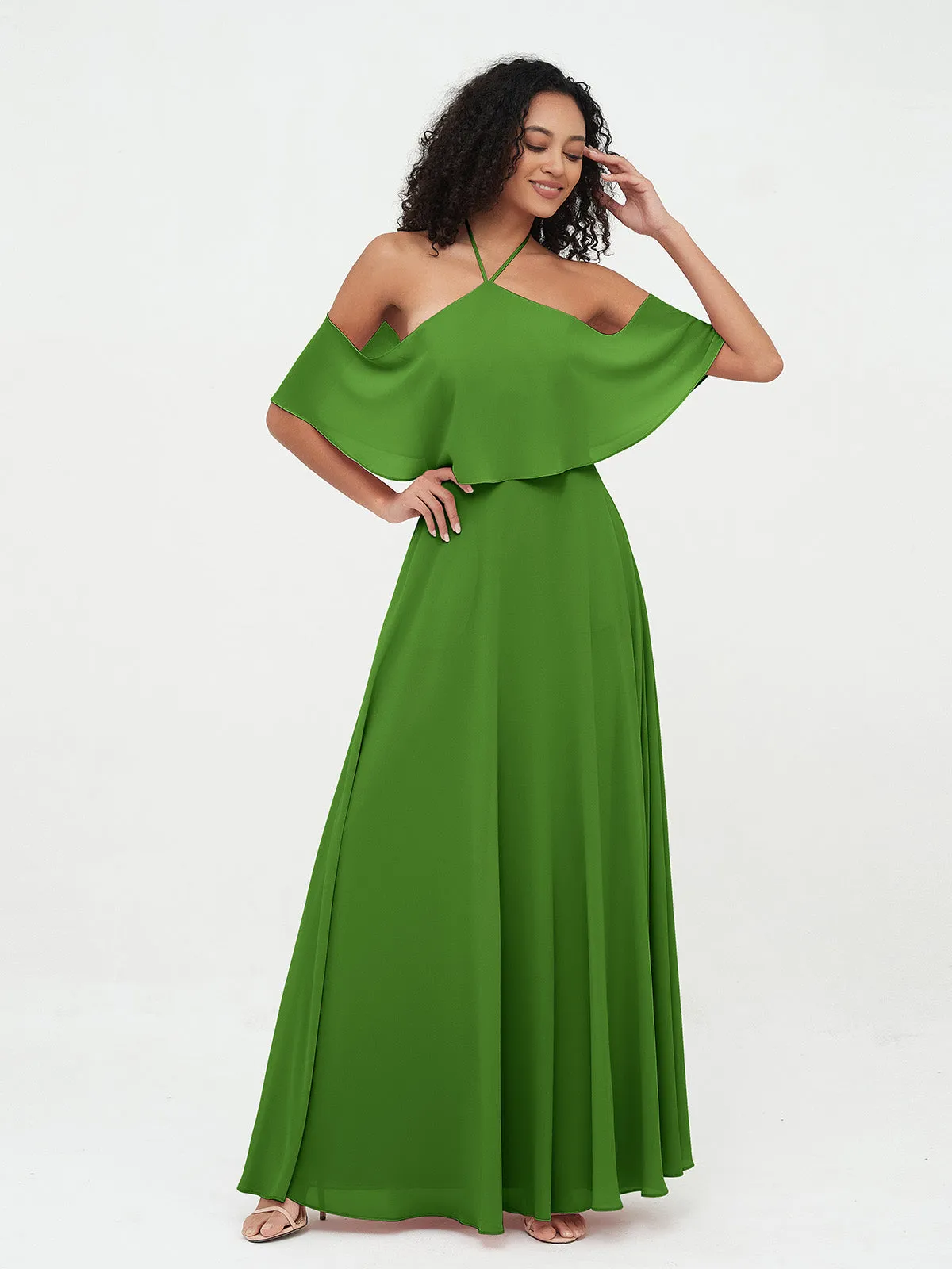 Halter Off the Shoulder Max Dresses with Pockets-Moss