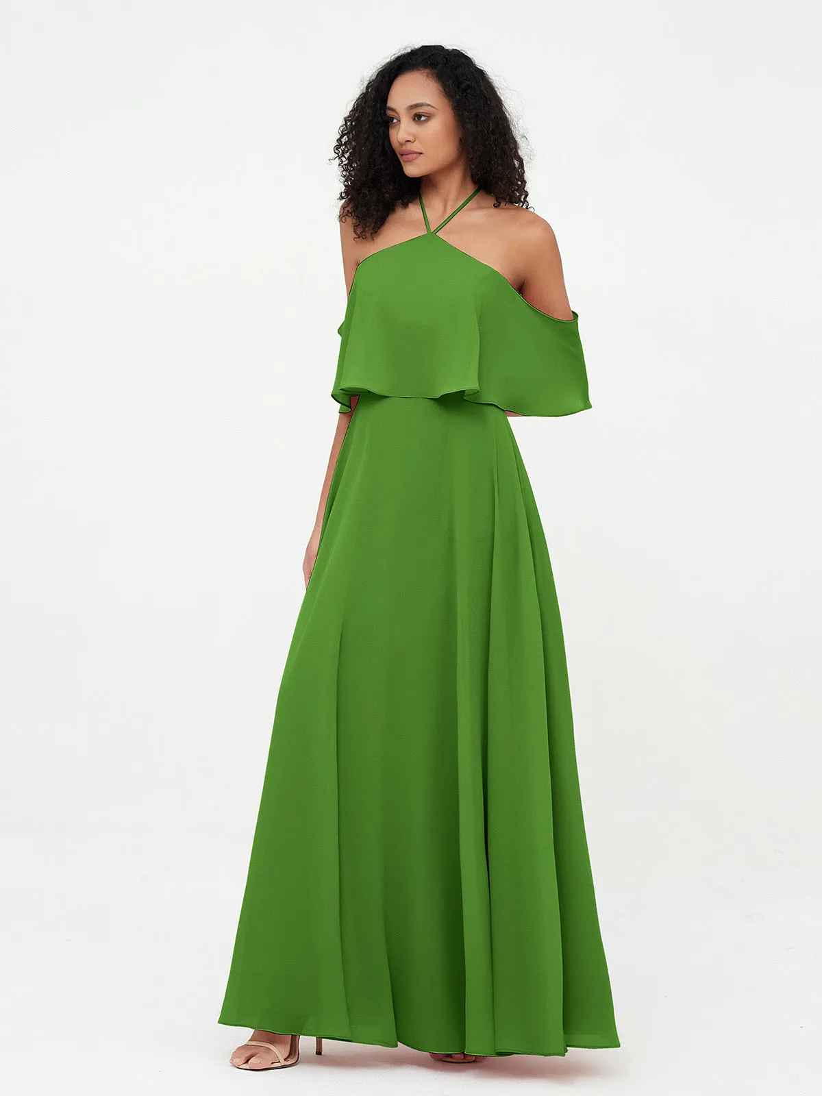 Halter Off the Shoulder Max Dresses with Pockets-Moss