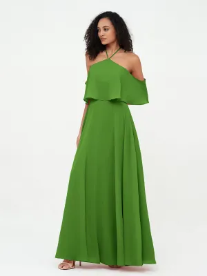 Halter Off the Shoulder Max Dresses with Pockets-Moss