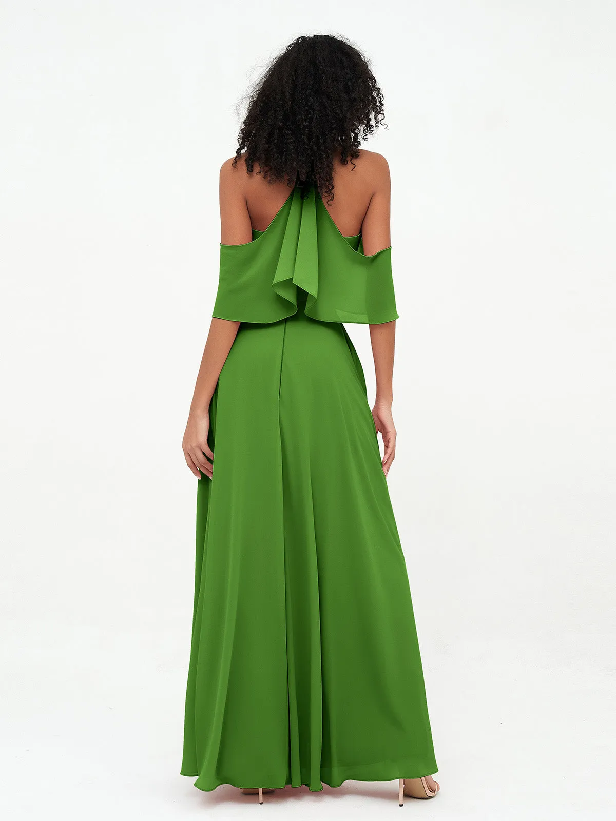 Halter Off the Shoulder Max Dresses with Pockets-Moss