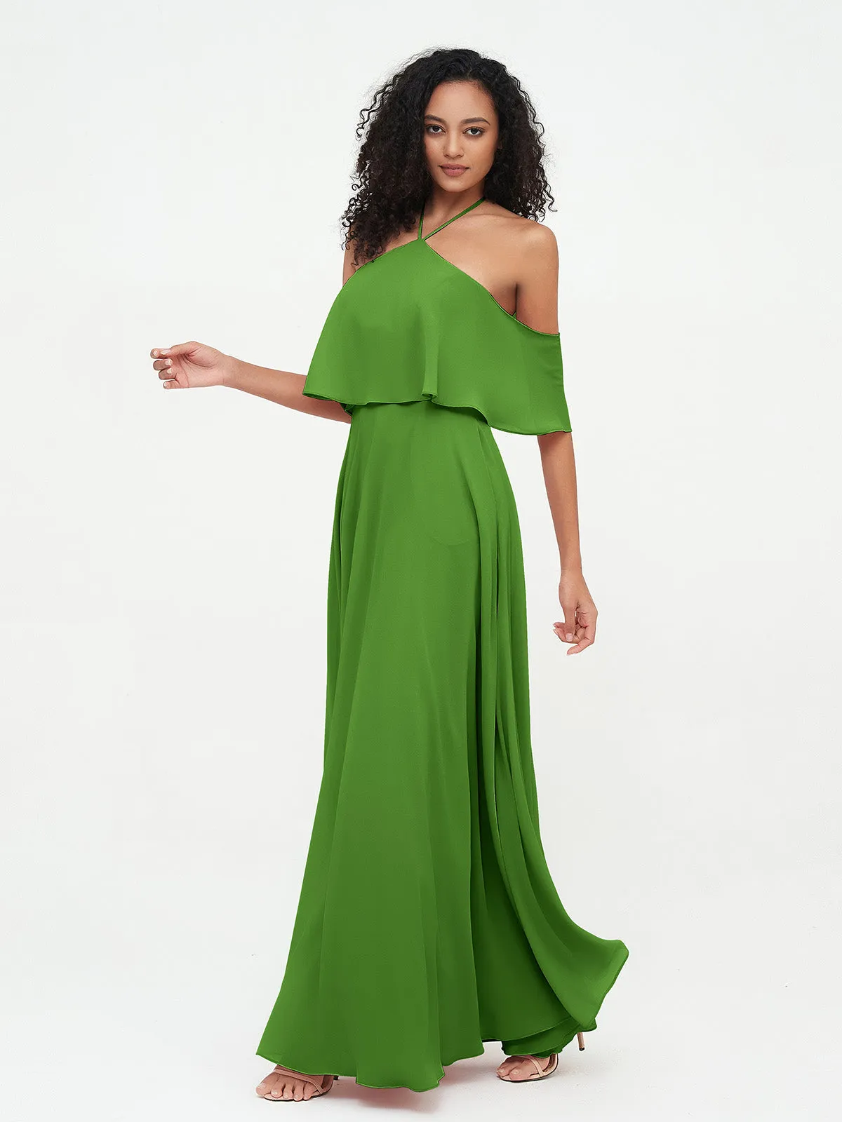 Halter Off the Shoulder Max Dresses with Pockets-Moss