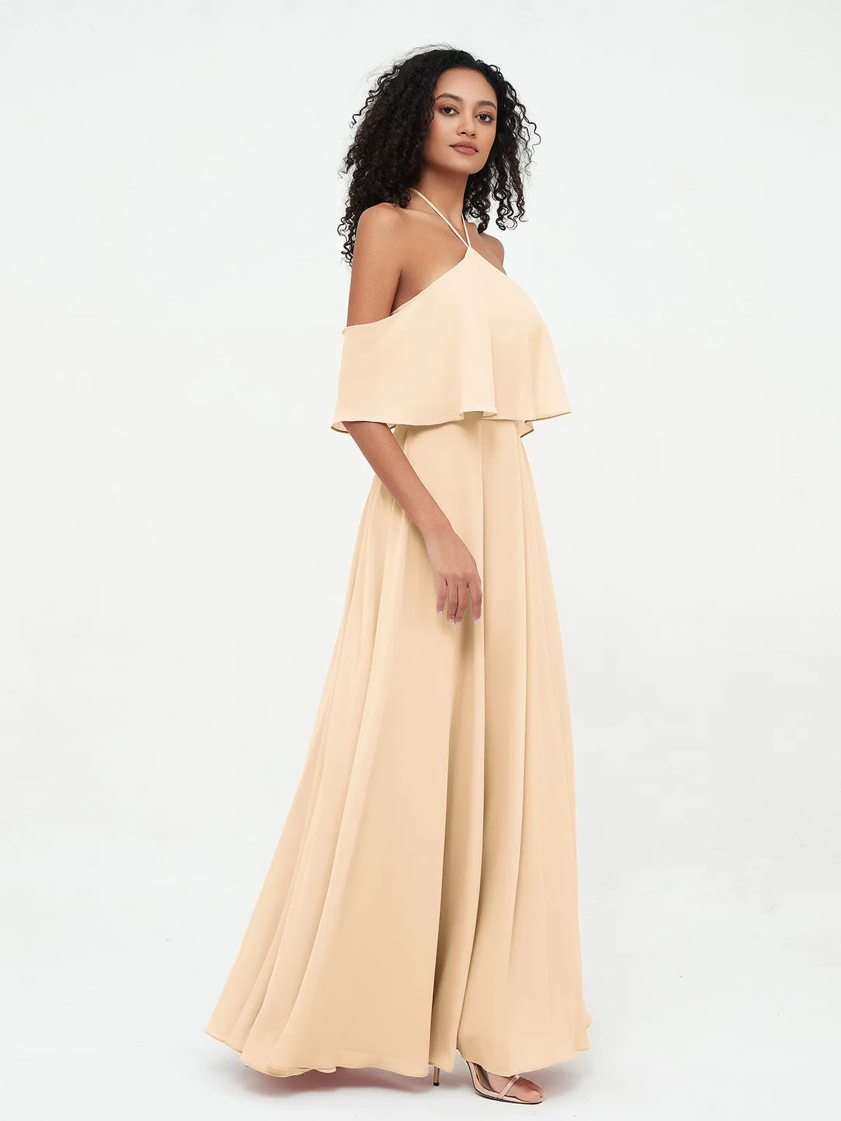 Halter Off the Shoulder Max Dresses with Pockets-Peach