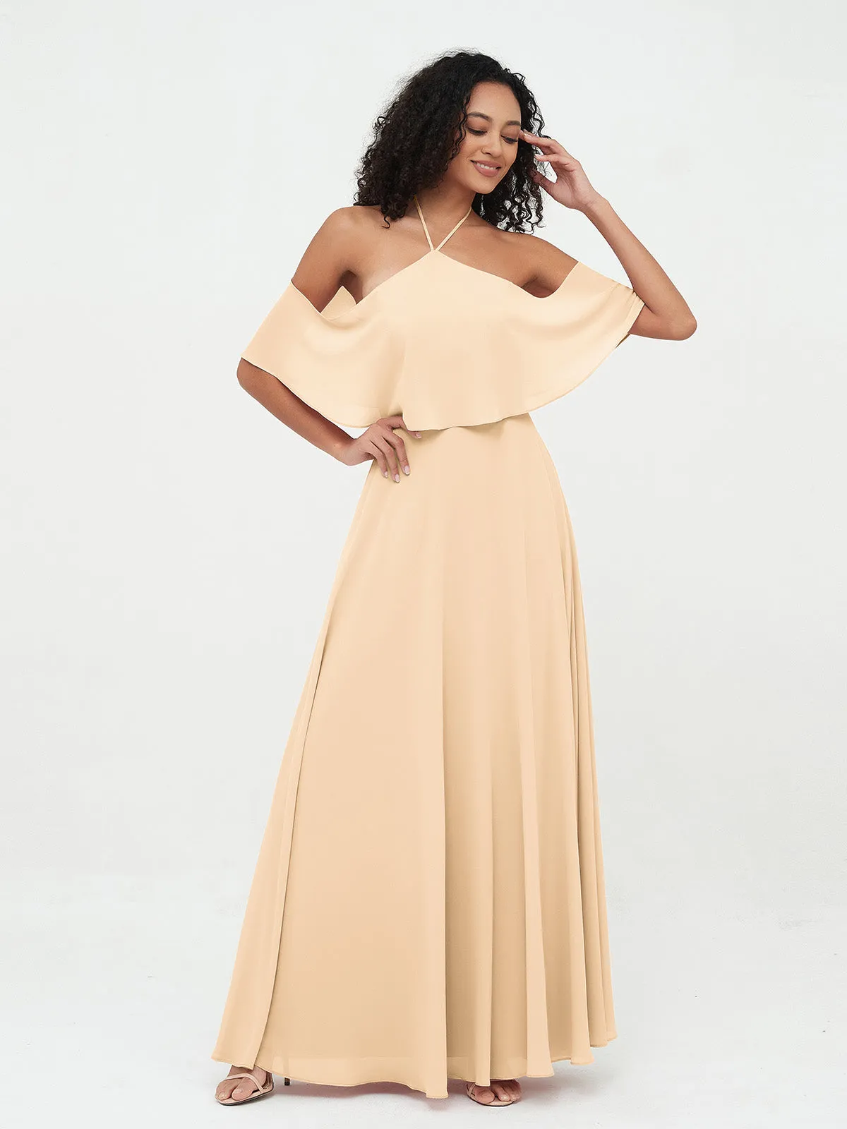 Halter Off the Shoulder Max Dresses with Pockets-Peach