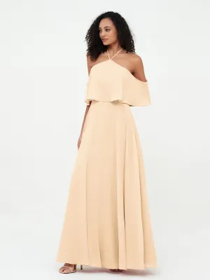 Halter Off the Shoulder Max Dresses with Pockets-Peach