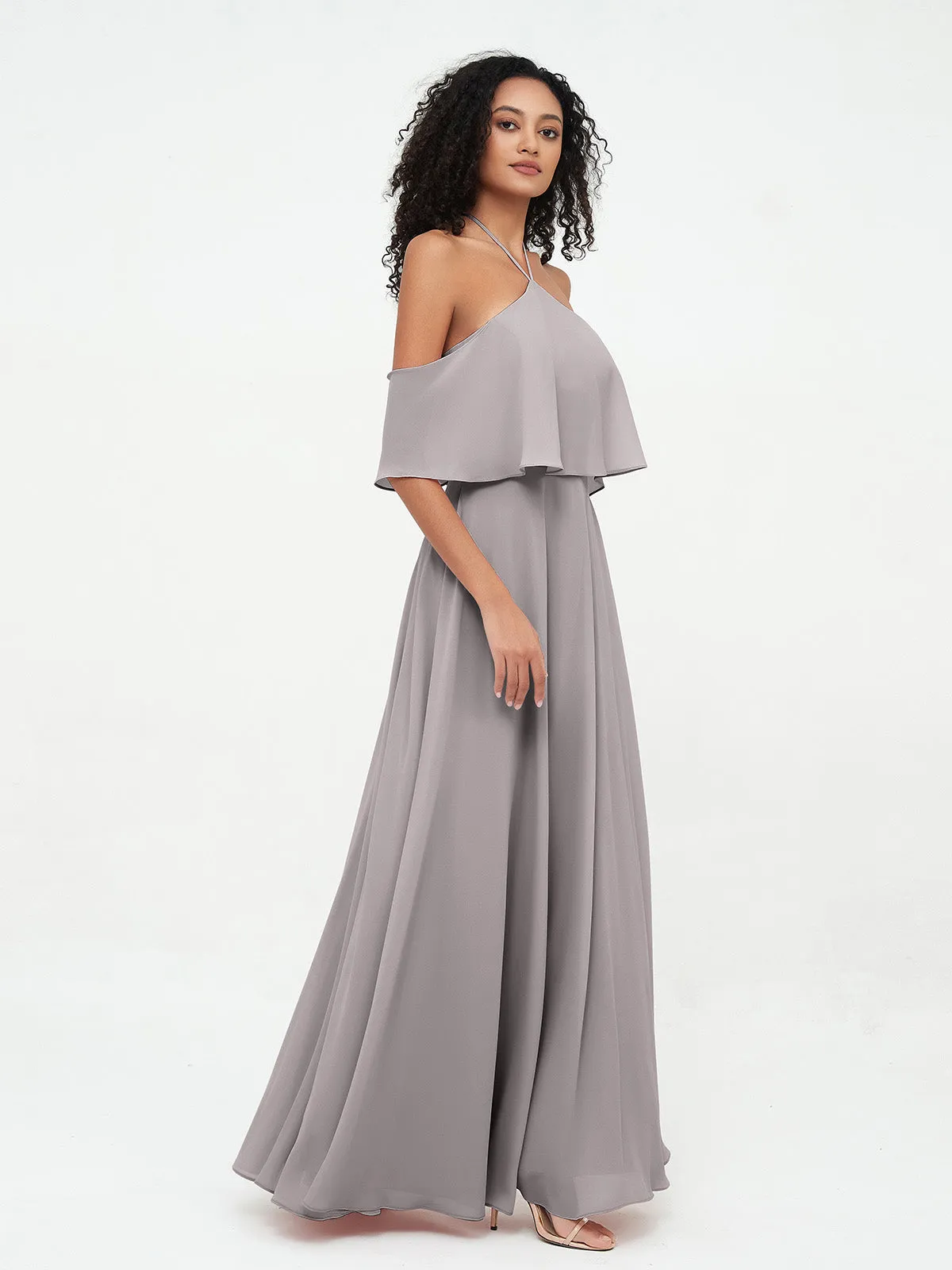 Halter Off the Shoulder Max Dresses with Pockets-Silver