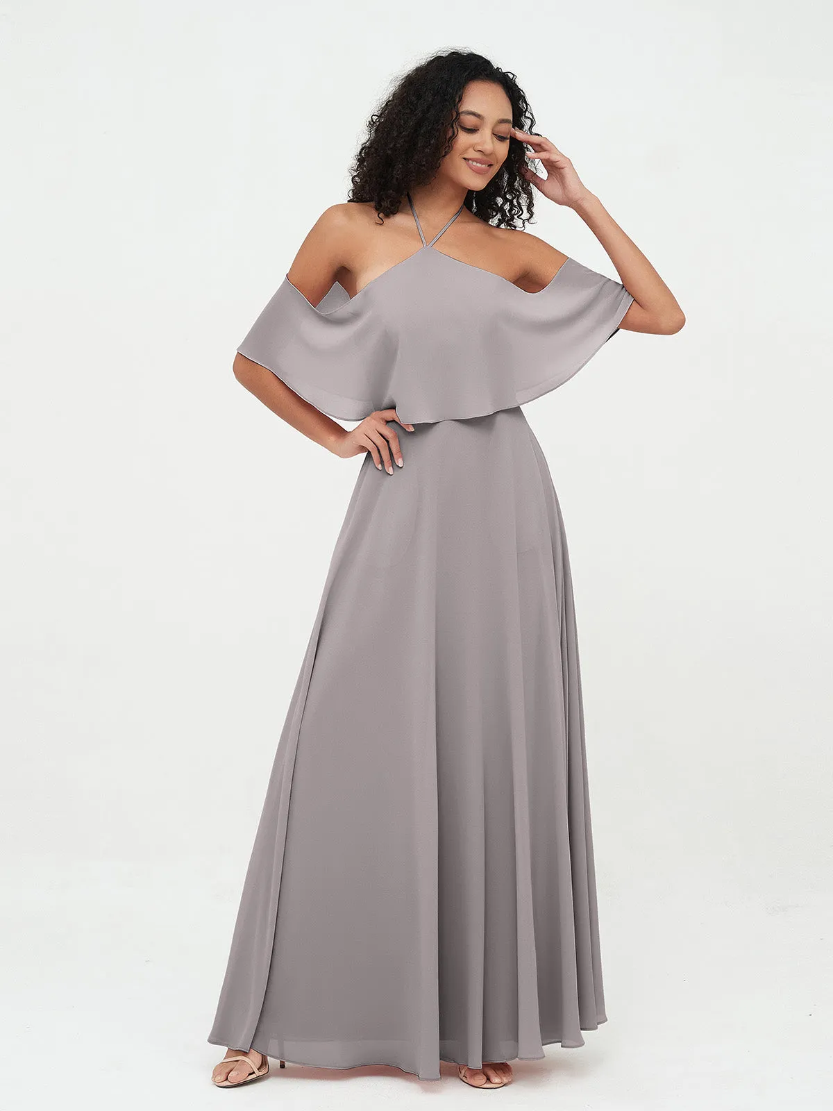 Halter Off the Shoulder Max Dresses with Pockets-Silver