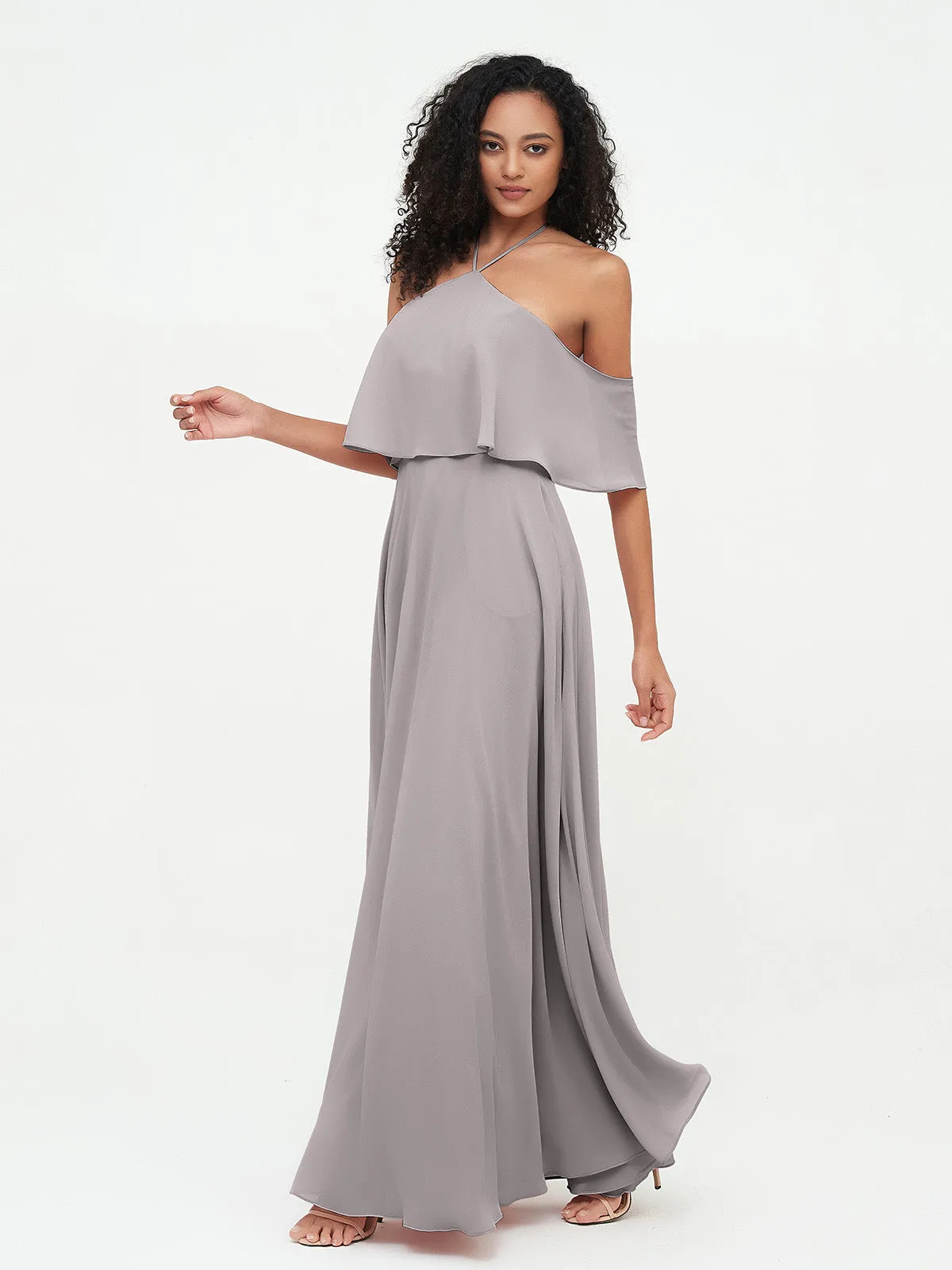 Halter Off the Shoulder Max Dresses with Pockets-Silver