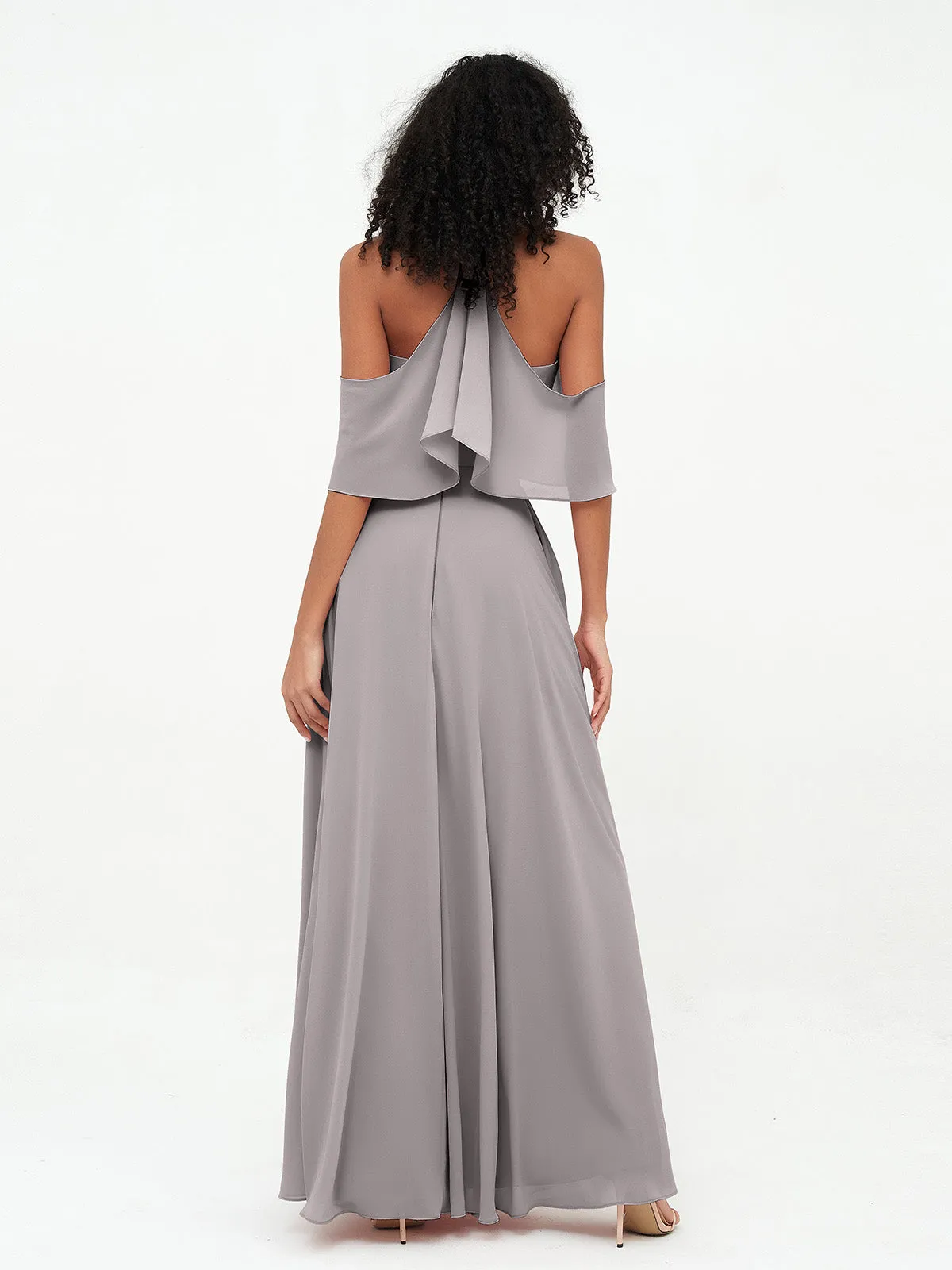 Halter Off the Shoulder Max Dresses with Pockets-Silver