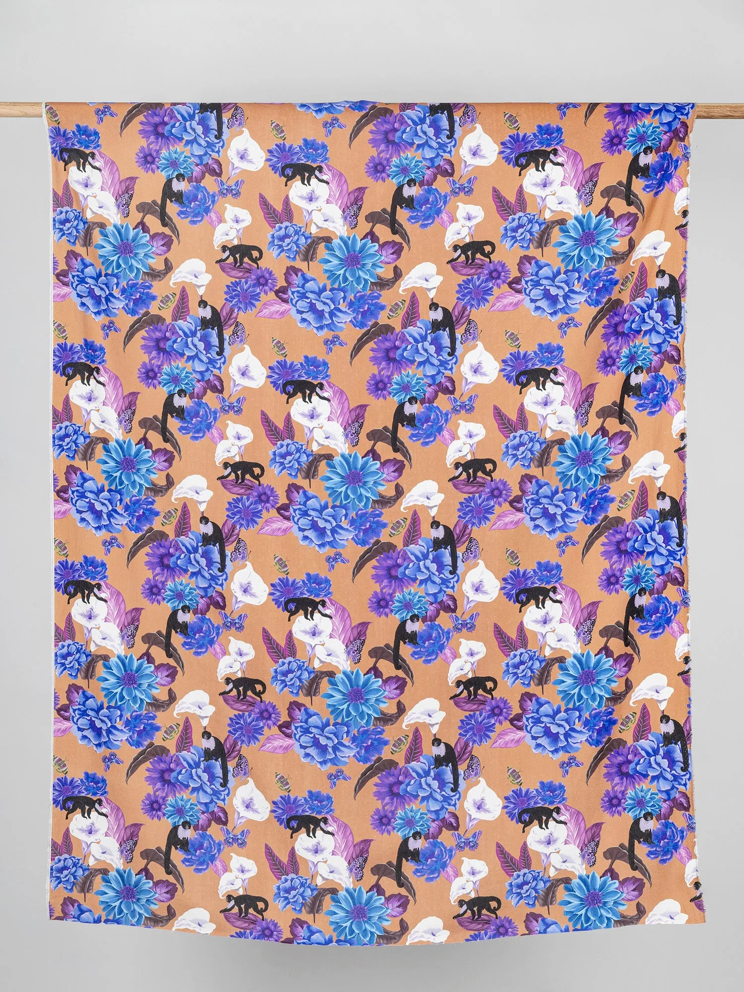 Italian Flora Fauna Print Linen Deadstock - Terracotta   Blue   Magenta