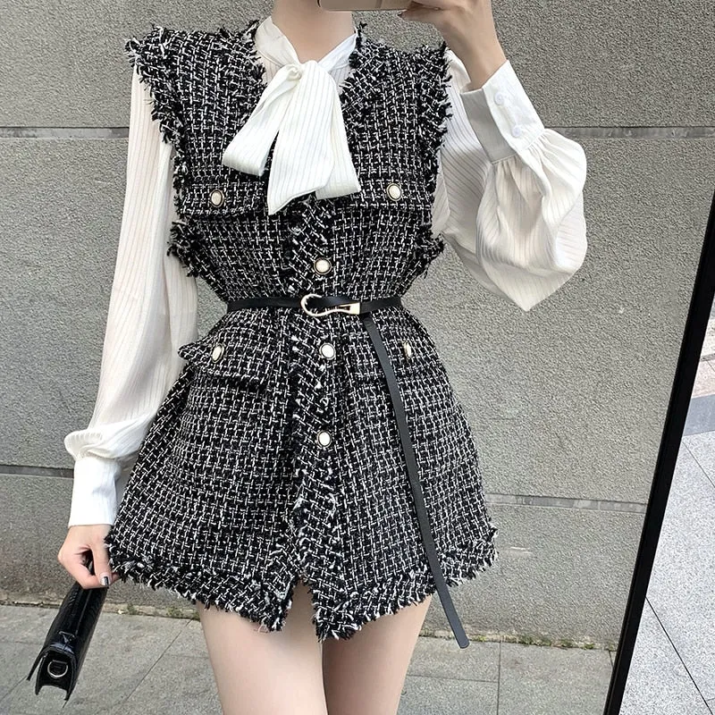 Joskaa Christmas Gift Vintage Elegant Tweed Vest Women Luxurious Waistcoat Knitted Vest With Belt Sleeveless Oversized Jacket veste femme