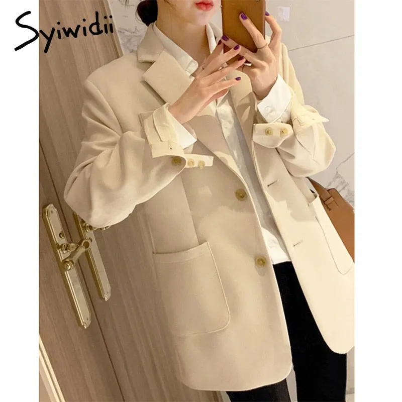 Joskaa Suit Blazer Women 2024 Fall Winter Beige Black Jacket Women Elegant Office Lady Coats Single Breasted Notched Outwear