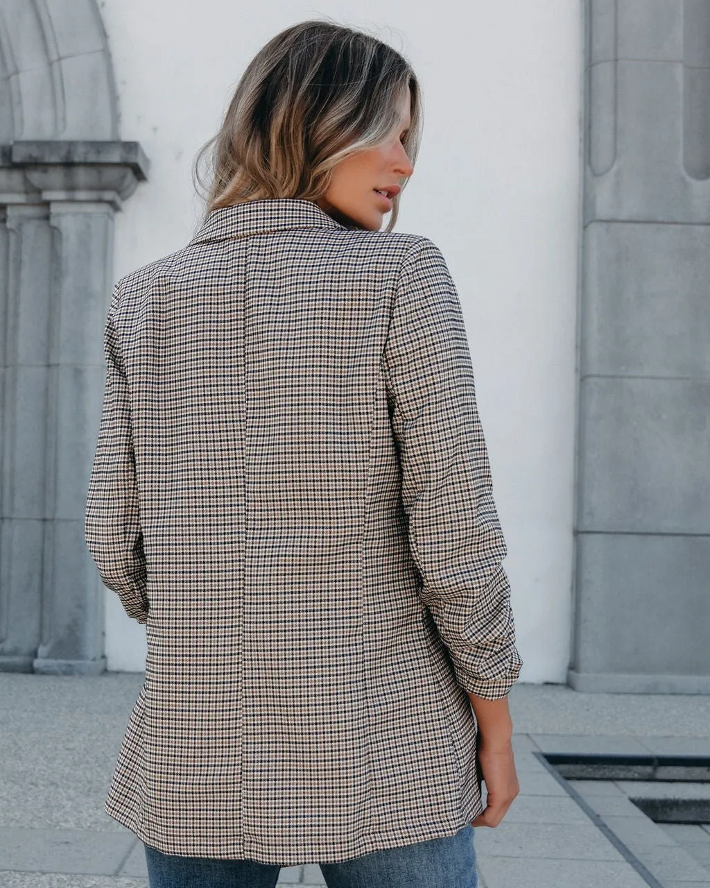 Khaki Plaid Ruched Open Front Blazer - FINAL SALE