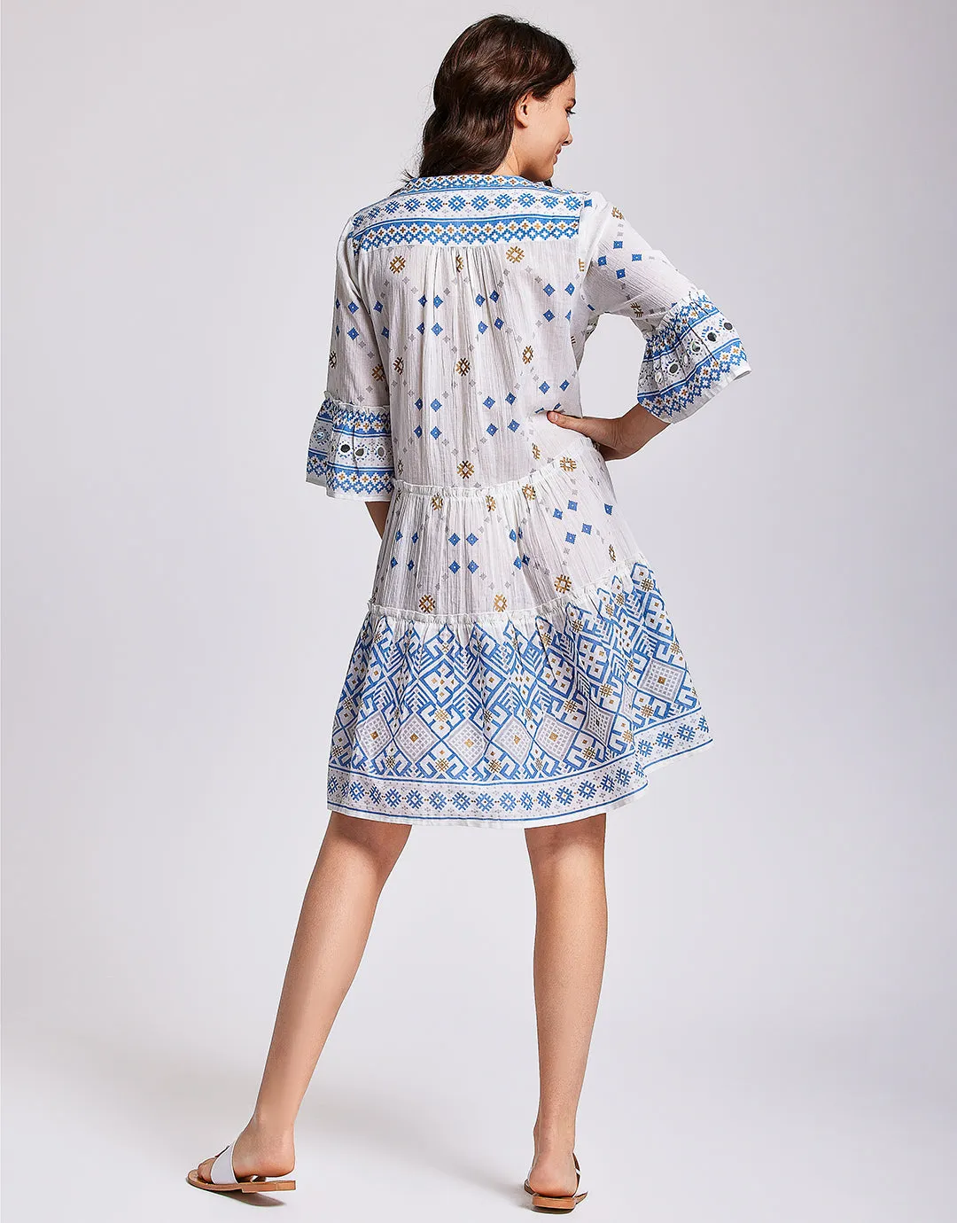 Marina 3/4 Sleeve Dress - White and Blue