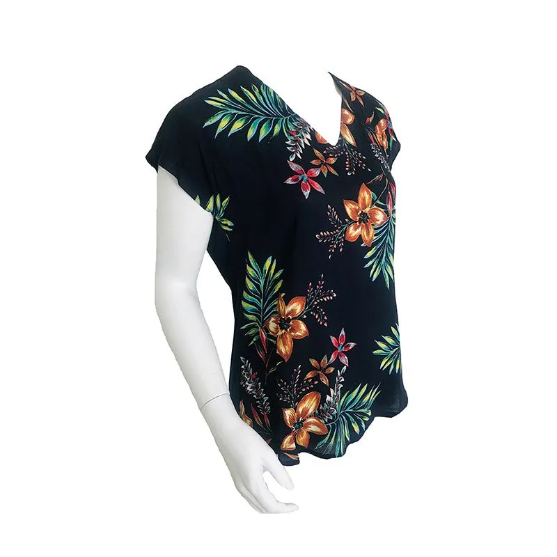 Navy Tropical Floral V-neck Blouse with Back Zip