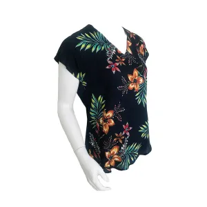 Navy Tropical Floral V-neck Blouse with Back Zip