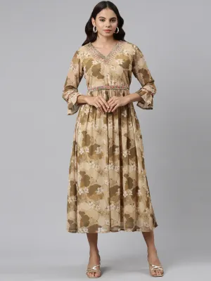 Neeru's Beige Straight Casual Printed Maxi Dresses