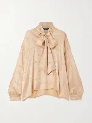 Oversized pussy-bow silk-satin jacquard blouse