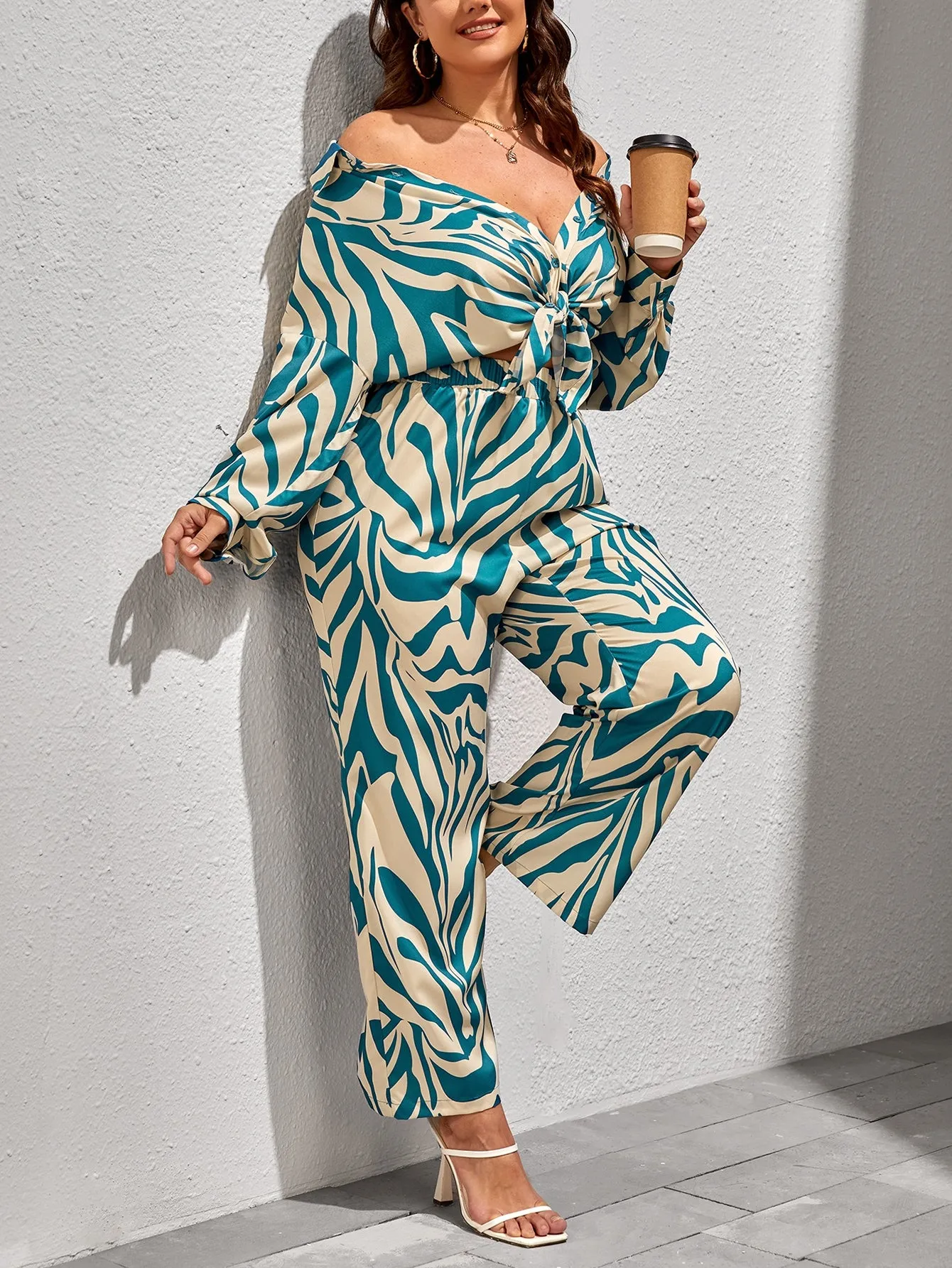 Plus Zebra Striped Drop Shoulder Shirt Pants