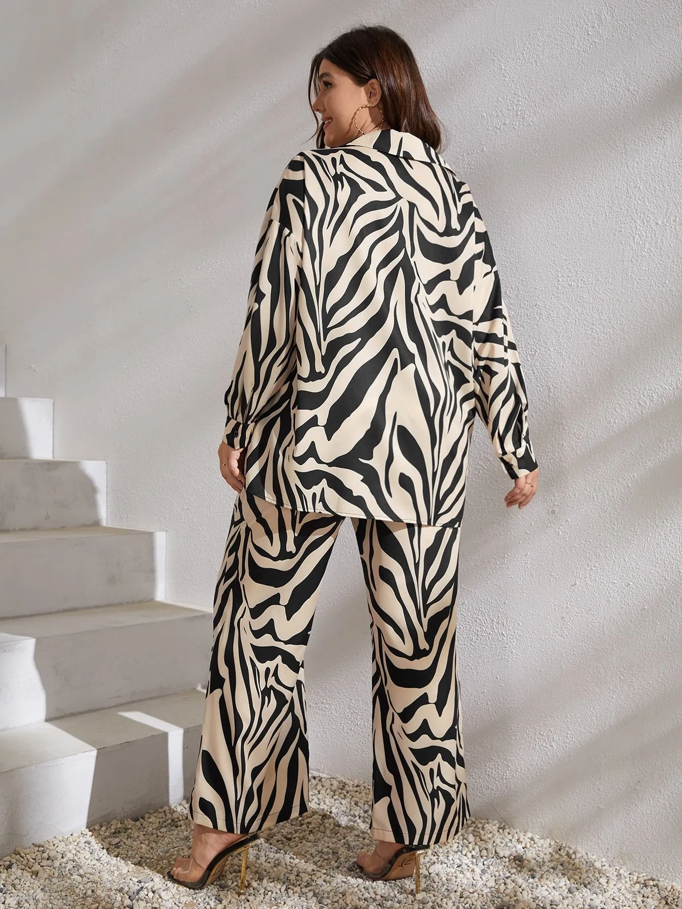 Plus Zebra Striped Drop Shoulder Shirt Pants