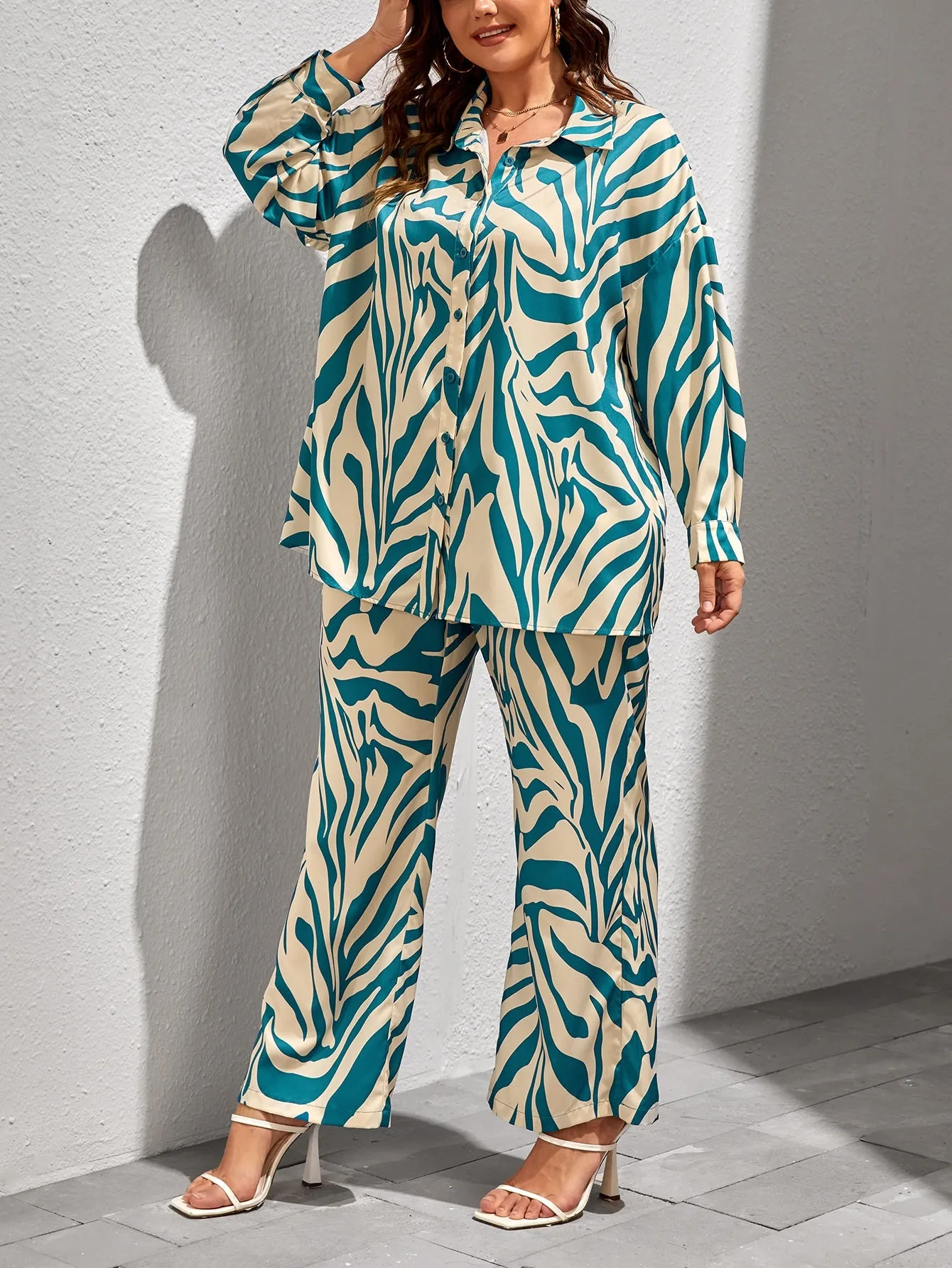 Plus Zebra Striped Drop Shoulder Shirt Pants