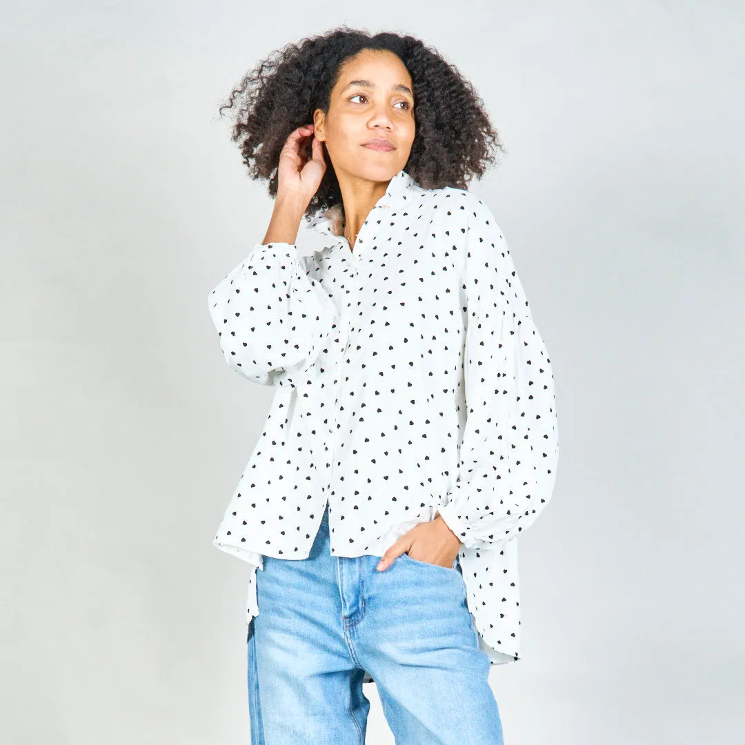 Polka heart print button-up shirt wholesale