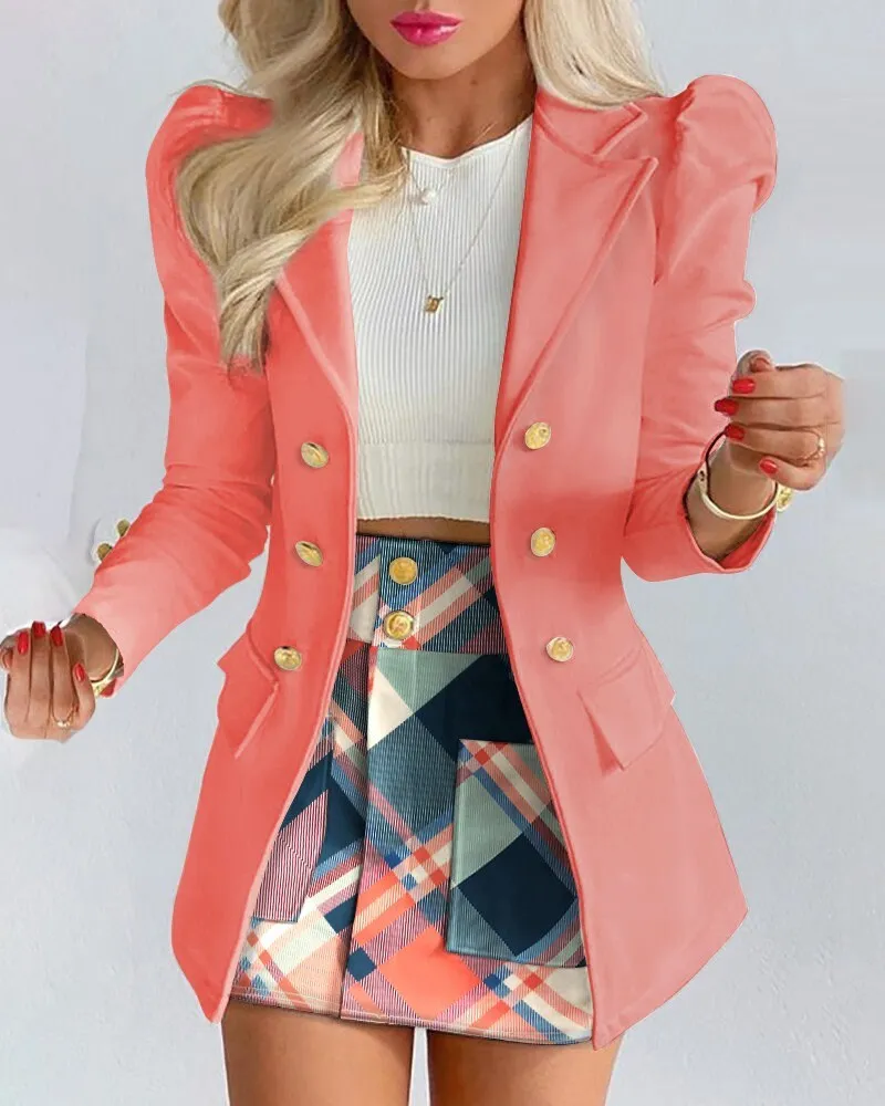 Puff Sleeve Blazer & Plaid Print Skirt Set