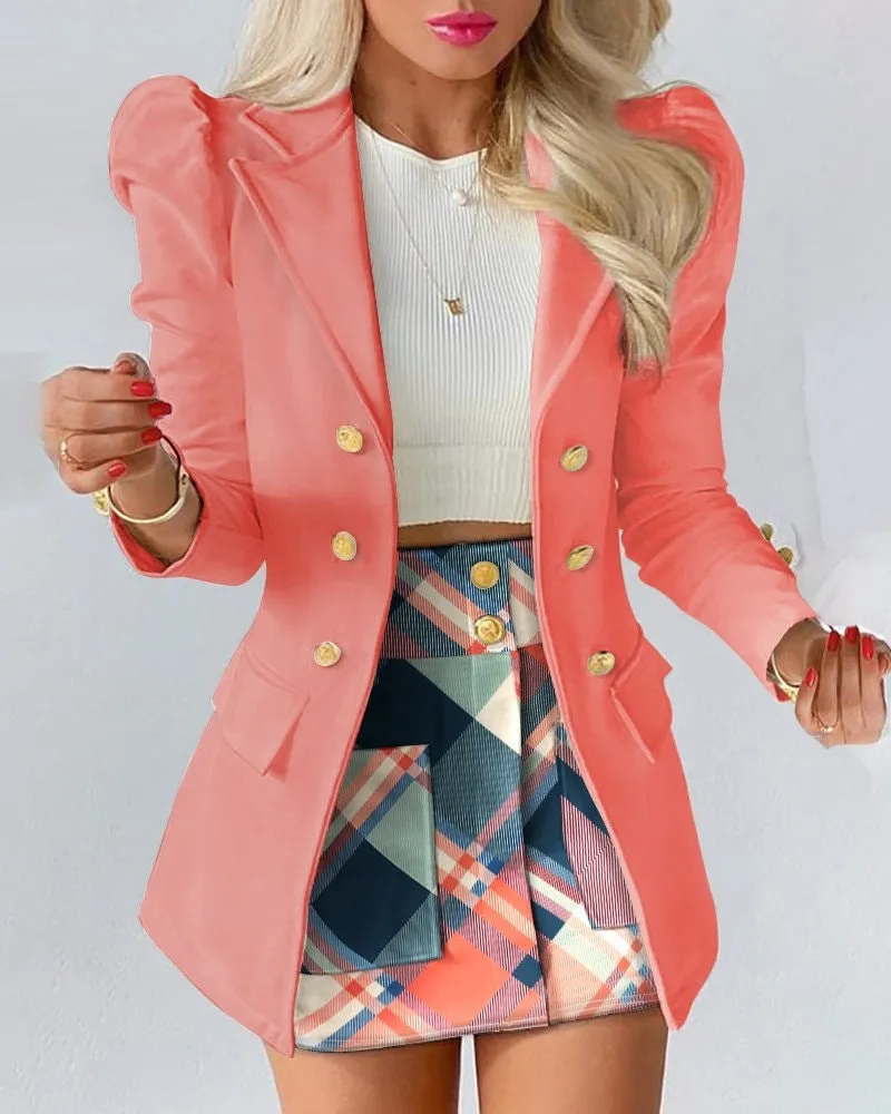 Puff Sleeve Blazer & Plaid Print Skirt Set