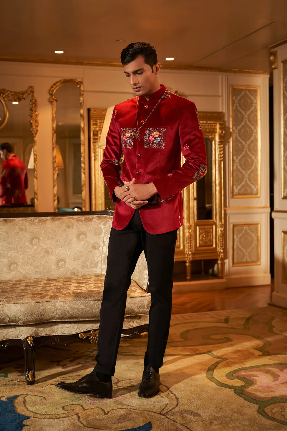 Red Bandhgala Top with Patch Embroidery