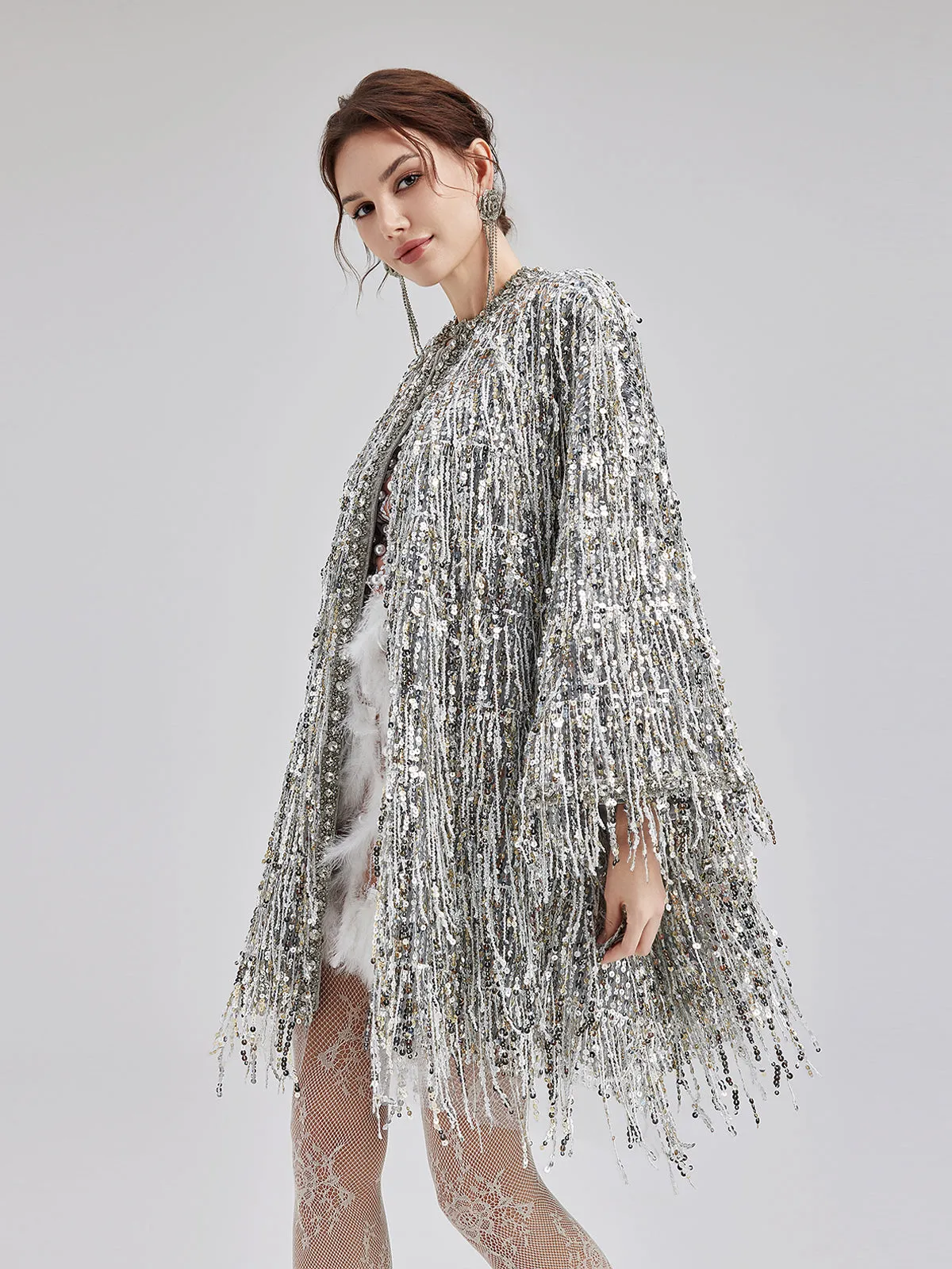 Sequin Beaded Tassel Cape Coat