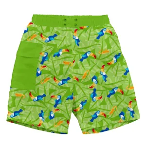 Tropical Pocket Trunks w/Built-in Reusable Absorbent Swim Diaper-Lime Toucan