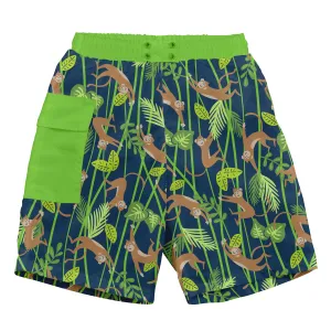 Tropical Pocket Trunks w/Built-in Reusable Absorbent Swim Diaper-Navy Monkey