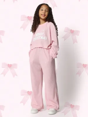 Tween Girls Comfy Crop Long Sleeve Tee With Merry Christmas Graphic Print And Loose Fit Pant 2 Piece Pyjama Set