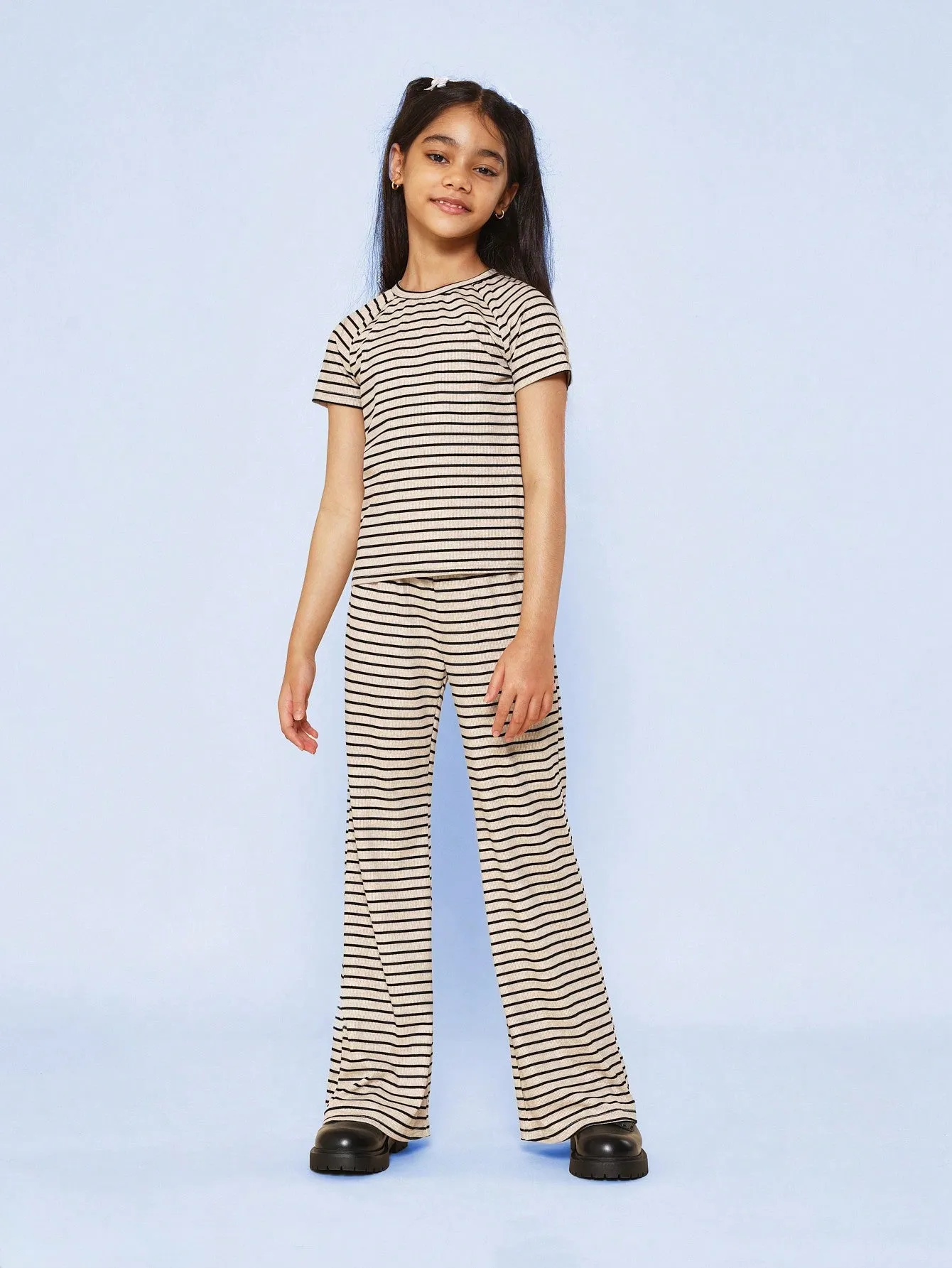 Tween Girls Raglan Stripe Rib Baby Tee And Flare Fit Pant 2 Piece Set