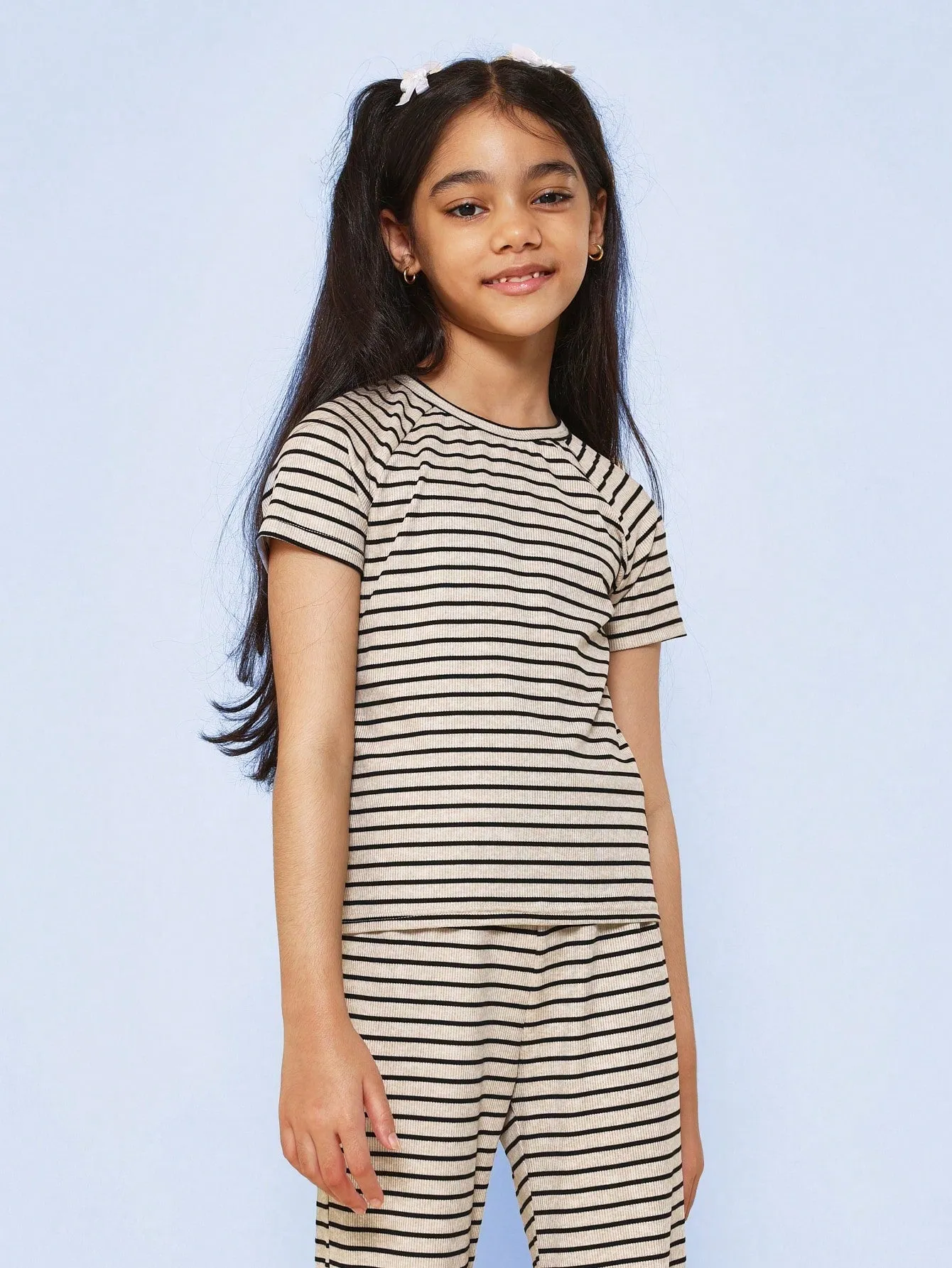 Tween Girls Raglan Stripe Rib Baby Tee And Flare Fit Pant 2 Piece Set