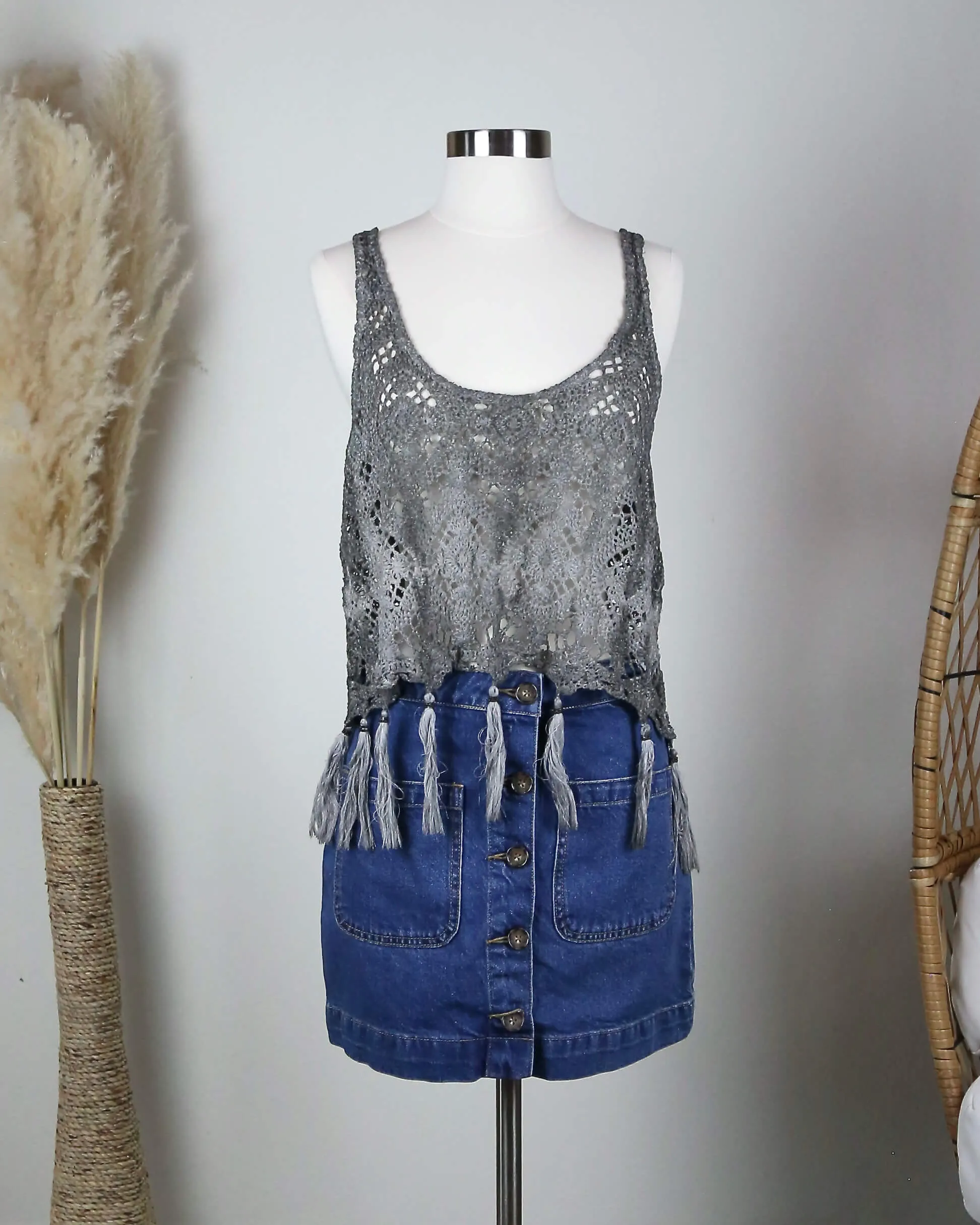 West Coast Crochet Tank with Tassels in Brown/Grey