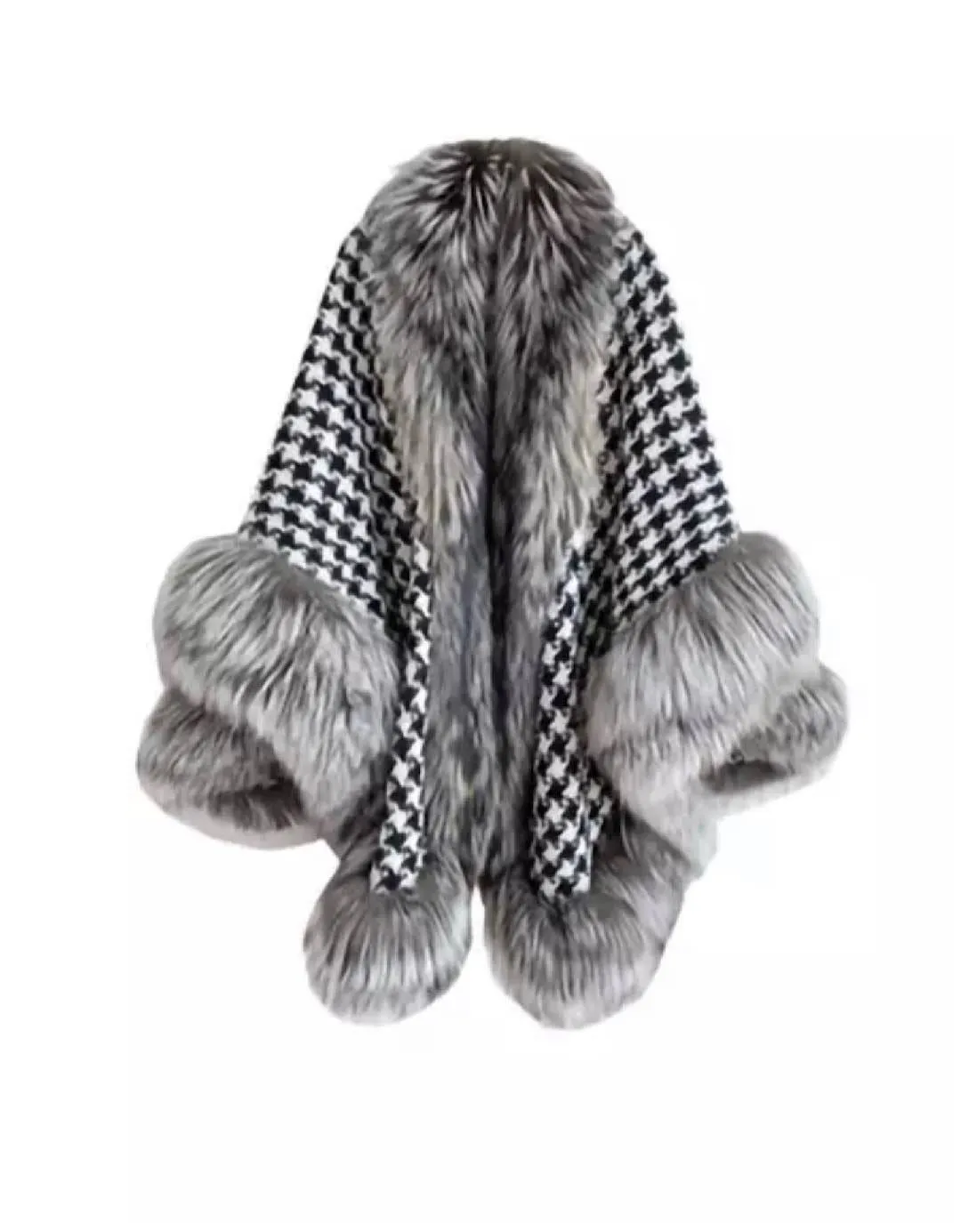 Wool Fox Fur Trimmed Houndstooth Poncho