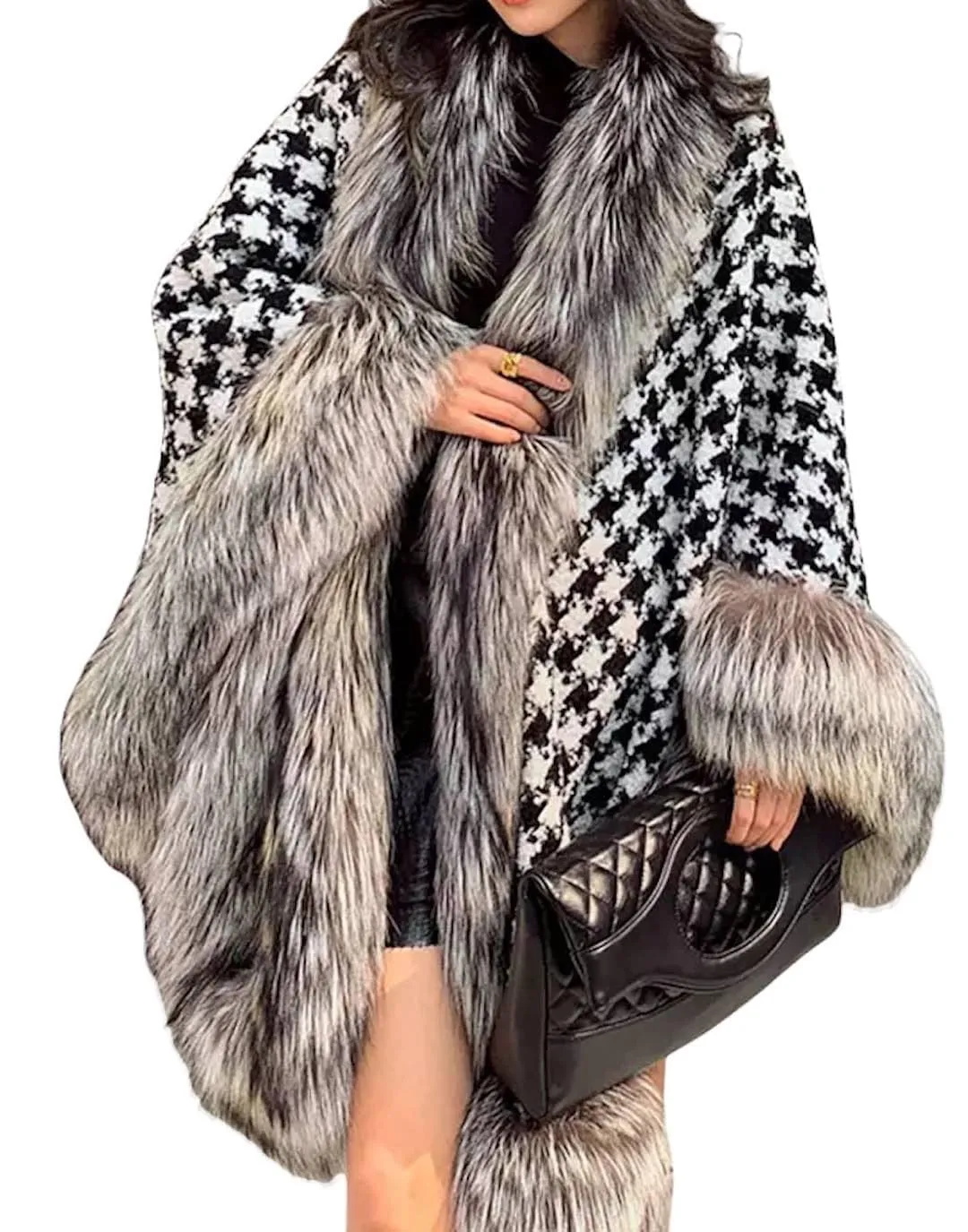 Wool Fox Fur Trimmed Houndstooth Poncho